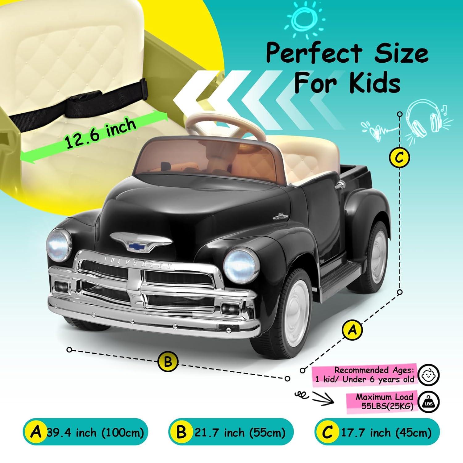Joywhale 12V Kids Ride on Car Licensed Chevrolet 3100 Pickup Battery Powered Motorized Electric Car, with 7AH Big Battery, 2.4G Remote Control, 3-Speeds, Storage Space, Music, Retro Style, Black