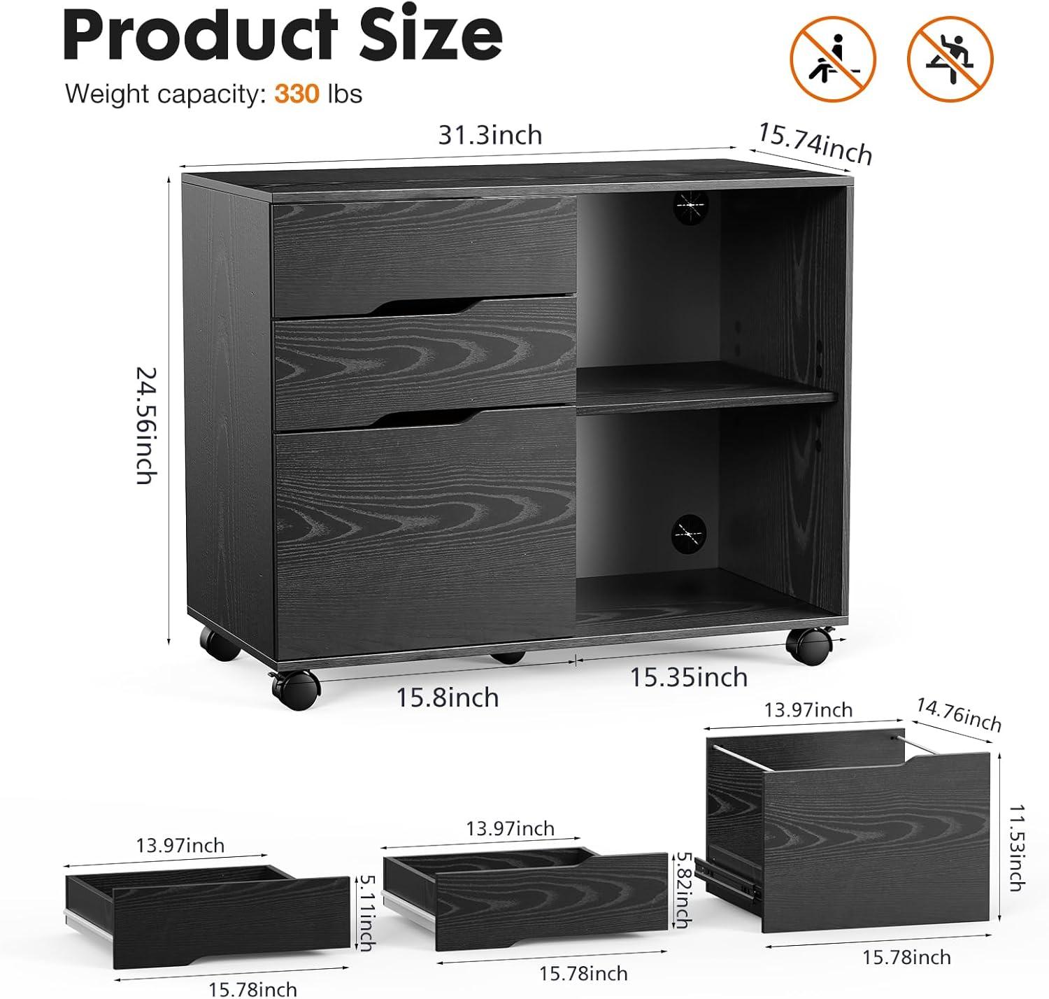 Black Wood 3-Drawer Mobile Filing Cabinet with Open Shelves