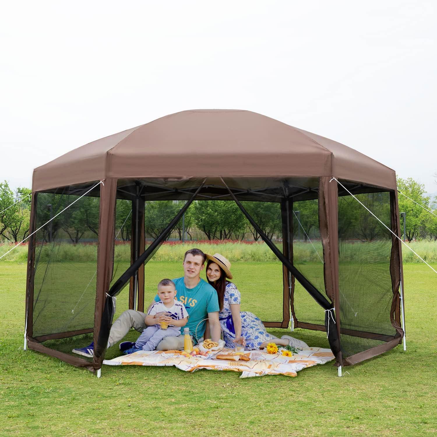 Brown 13x13ft Hexagonal Pop Up Gazebo with Mosquito Netting