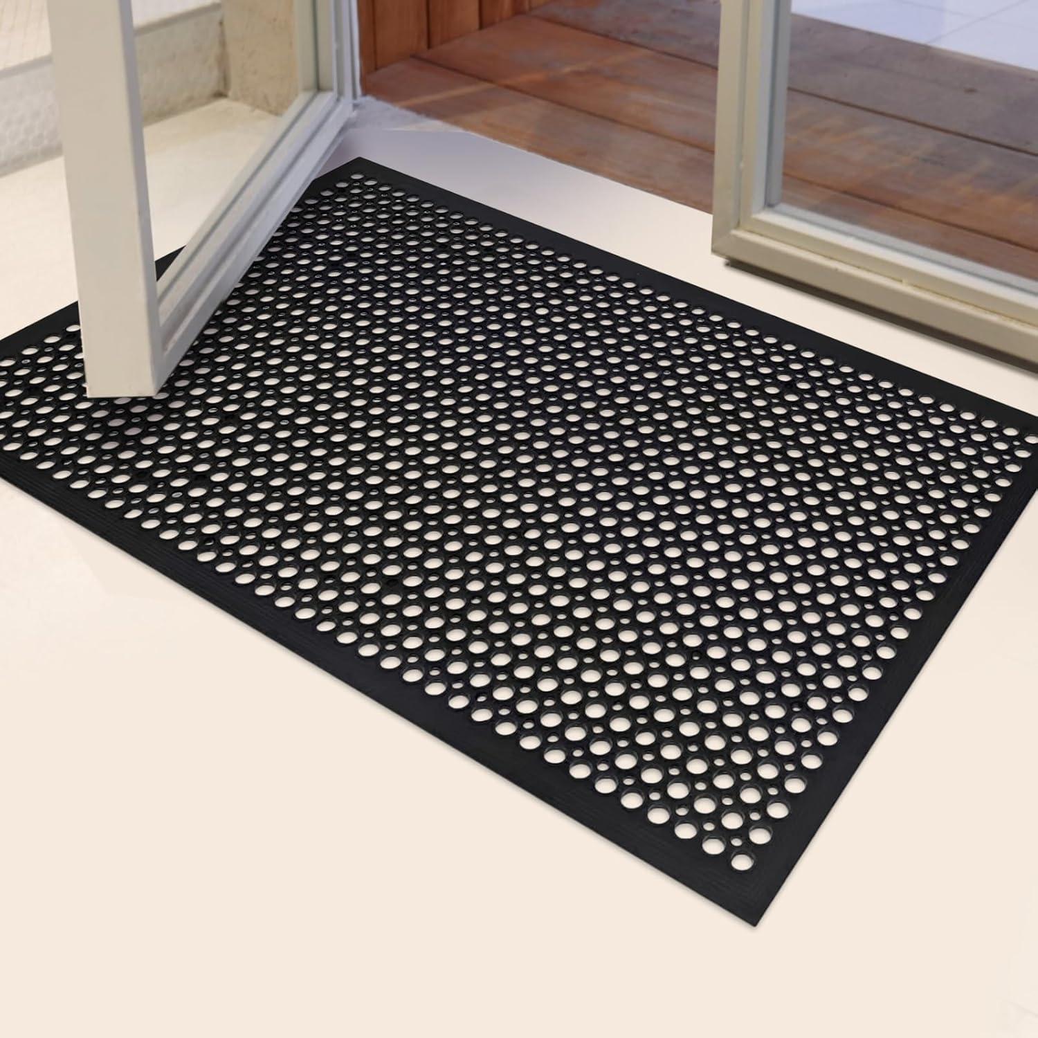 OVYEOFR 60" x 36" Rubber Floor Mat Doormat Indoor/Outdoor, Commercial Drainage Kitchen Floor Mat Anti-Fatigue Non-Slip Mat for Restaurant Bar Bathroom Garage, Black