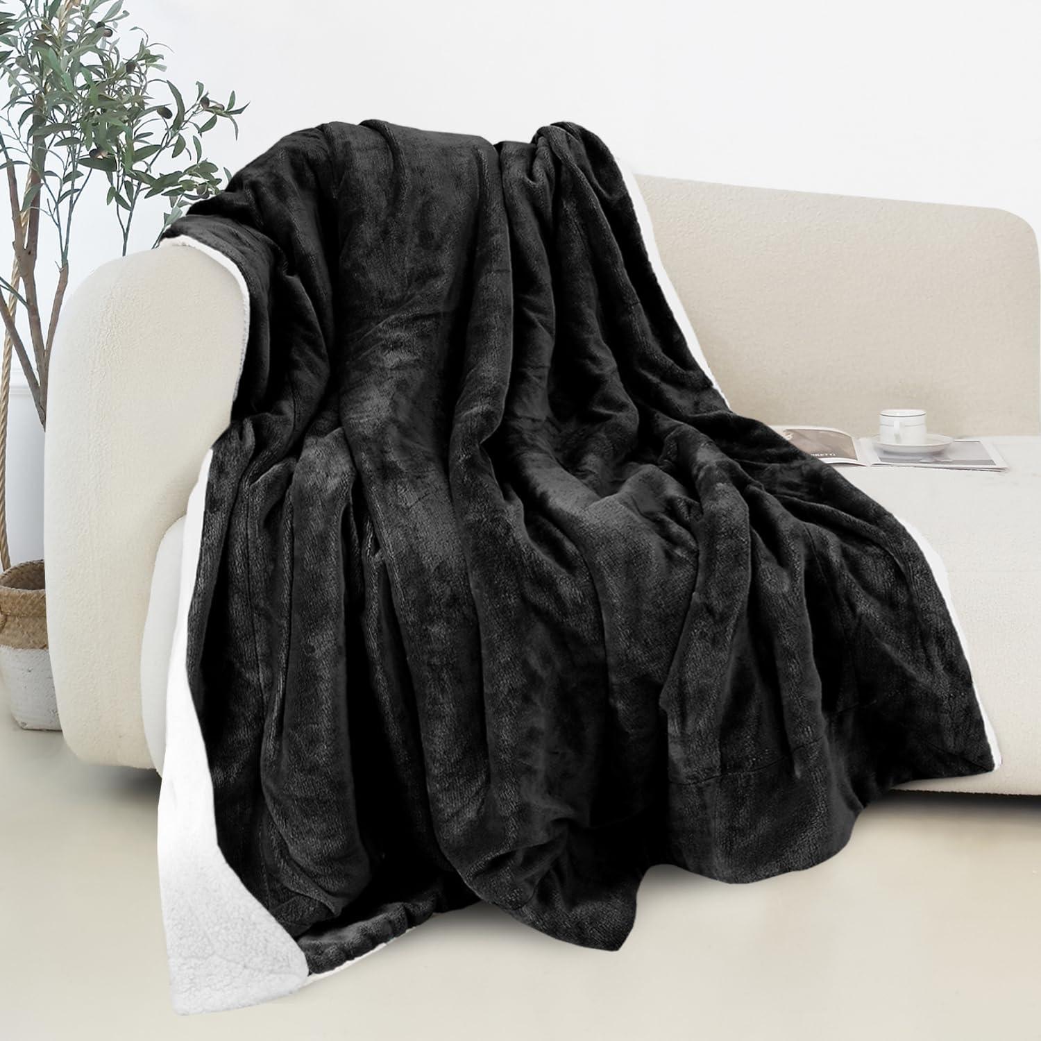 Elegant Comfort Throw Blanket, Reversible Sherpa Flannel, Ultra-Soft, Fuzzy, Cozy and Plush- All Season Lightweight Decorative Throw, 50 x 60 inches, Solid Sherpa Throw, Black