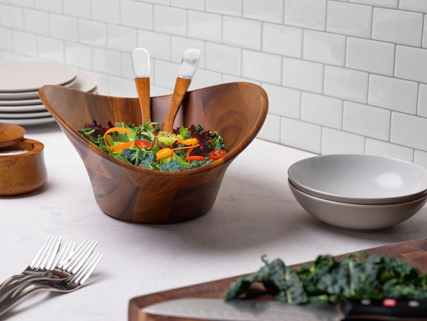 Ripple Acacia Wood Salad Bowl with Alloy Servers