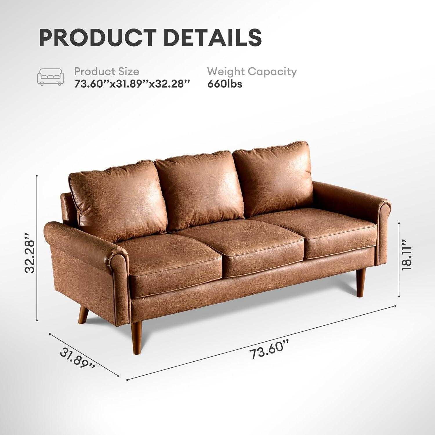 Brown Faux Leather Mid-Century Modern Rolled Arm Sofa