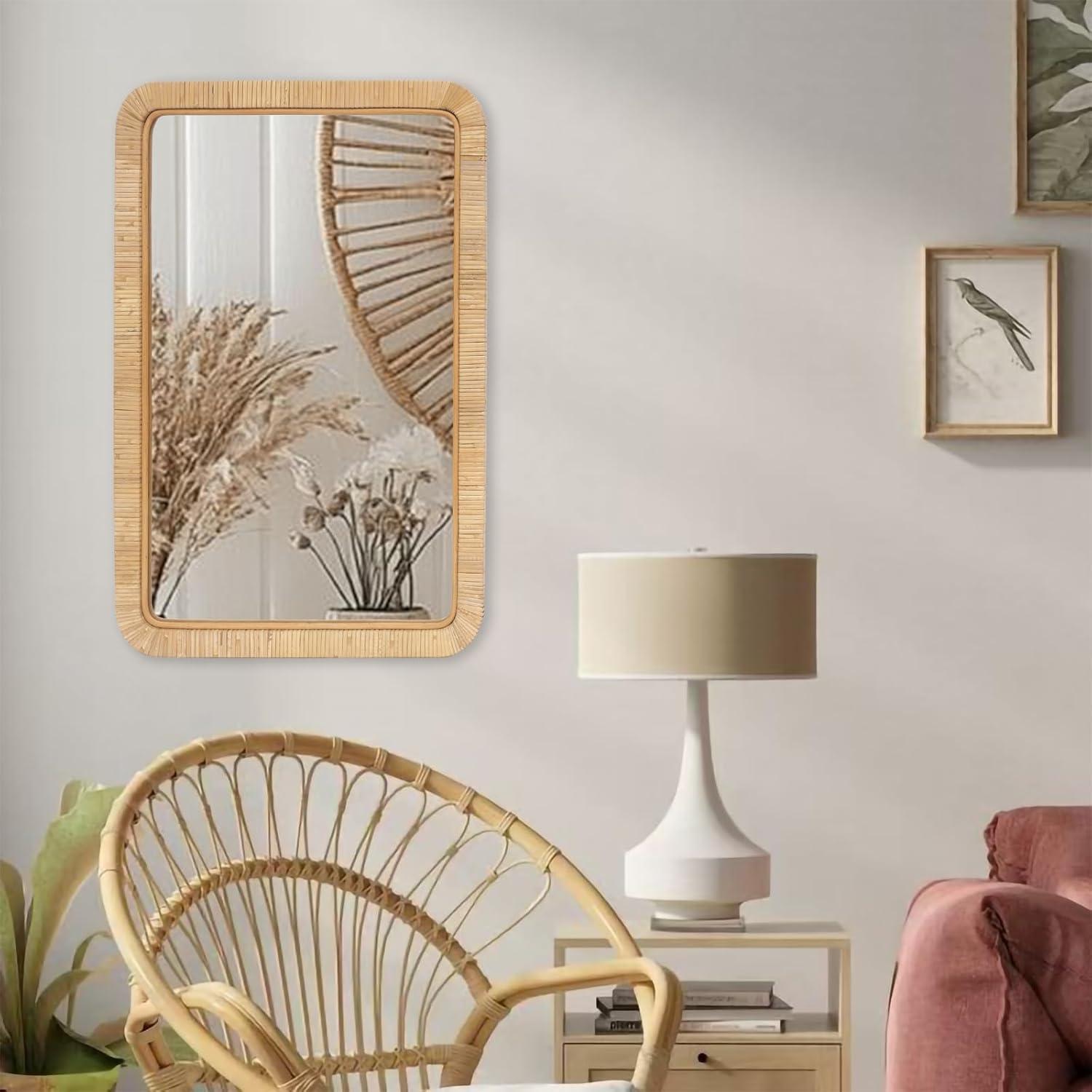 Barnyard Designs Rattan Bathroom Mirror – Rustic Farmhouse Style Handmade Wicker Rattan Frame - Boho Mirror for Nursery Wall Décor (20" x 30", Rectangular)