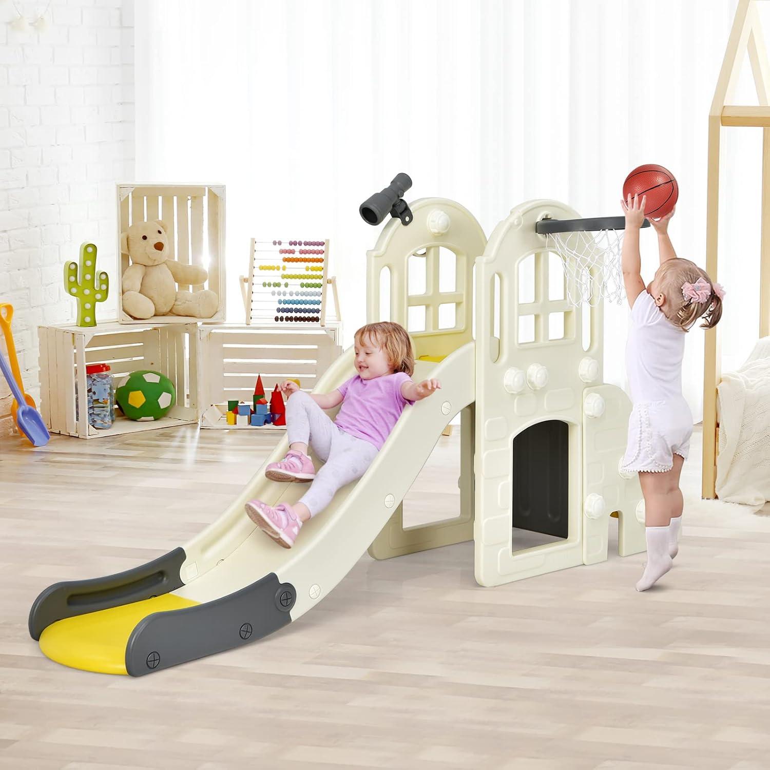 Costway 6-In-1 Large Slide for Kids Toddler Climber Slide Playset w/ Basketball Hoop Yellow
