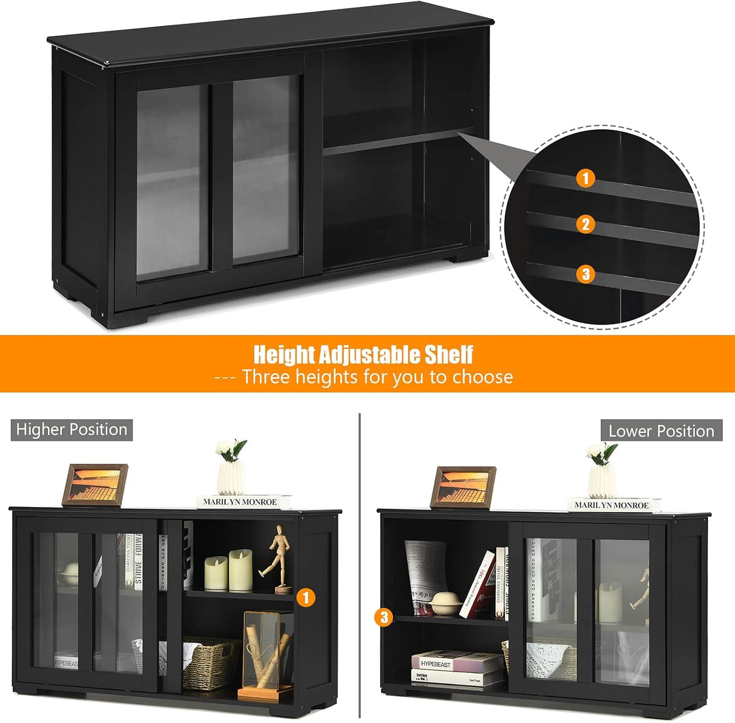 Black MDF and Glass Sliding Door Sideboard Cabinet