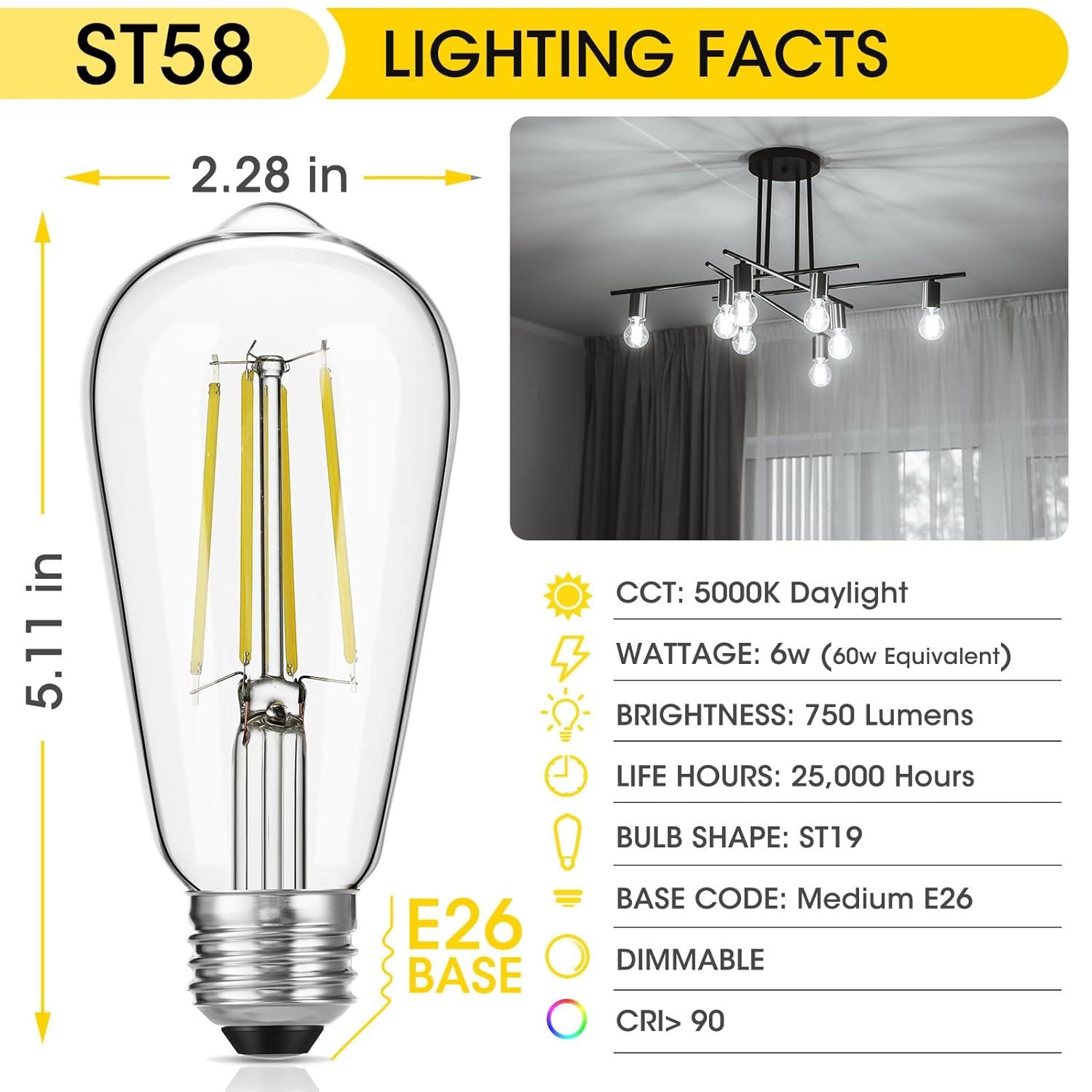 ENERGETIC Vintage LED Edison Light Bulbs, 5000K, 60 Watt Equivalent, ST64 Filament, Tear Drop Antique Decorative Bulbs, E26 Base, UL Listed, 6 Pack