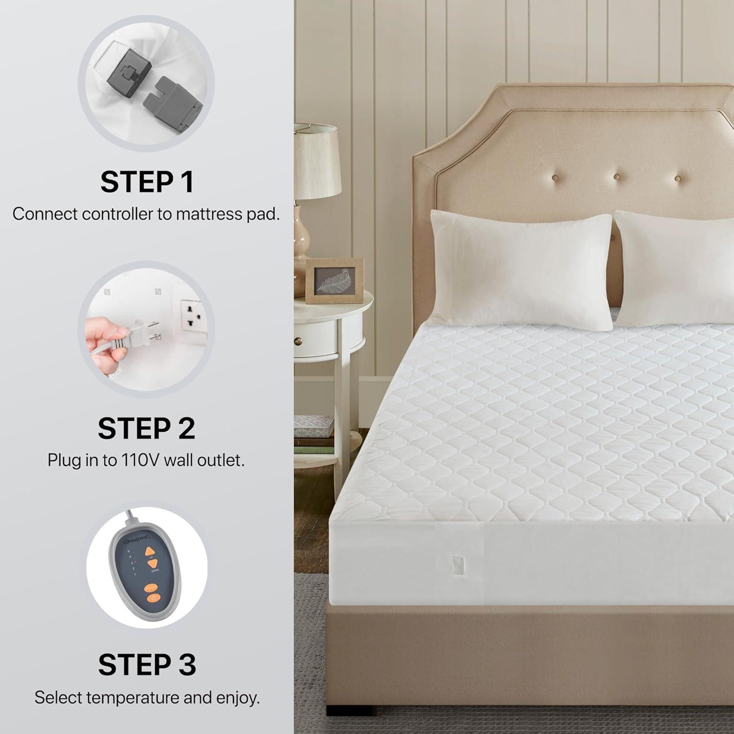 Cotton Blend Heated Mattress Pad (Queen) White - Beautyrest: 5 Heat Settings, Machine Washable, Fits 18" Mattress