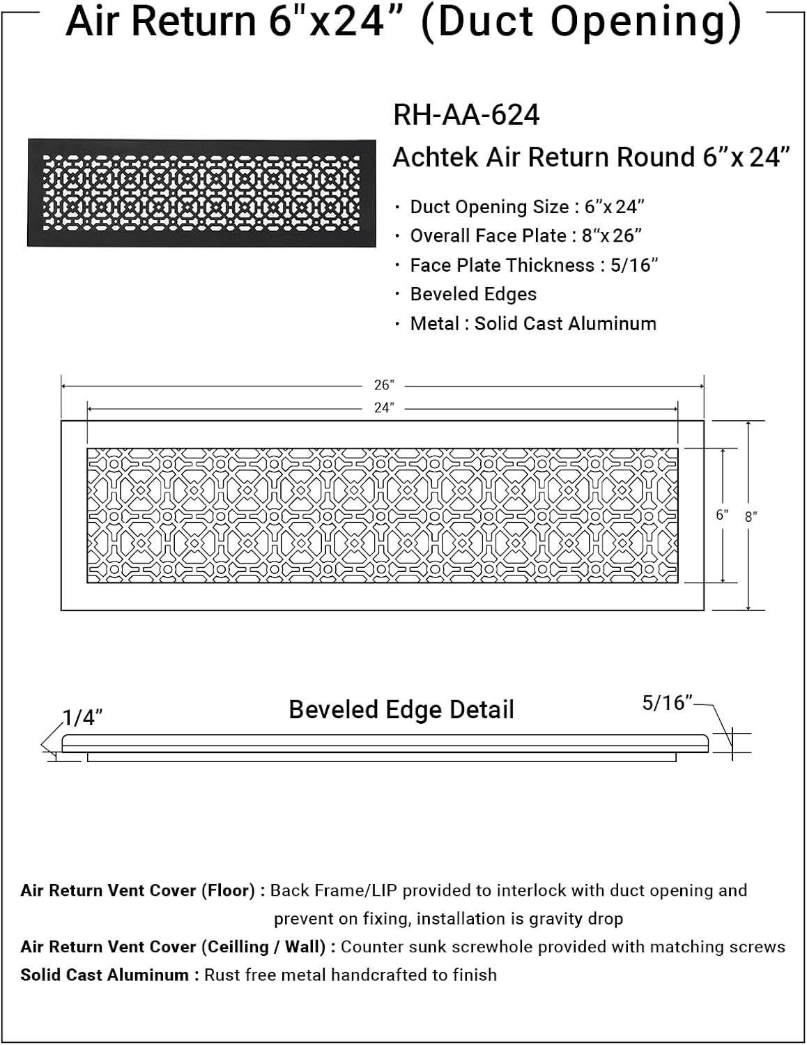 Achtek 6"x 24" Duct Opening Solid Cast Aluminum Air Return Grill Vent Cover | Powder Coated| (Overall 8"x 26") for Floor-Black Without Screw Holes