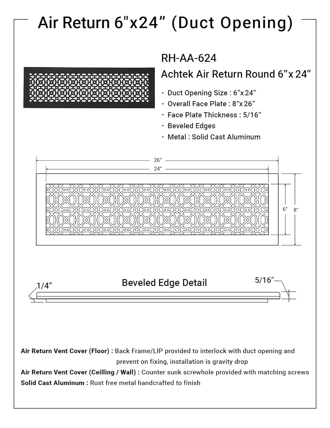 Achtek Air Return 6"x24" (Overall Size 8"x24") | Cast Aluminum Air Grille | HVAC Duct Cover for Home Ventilation
