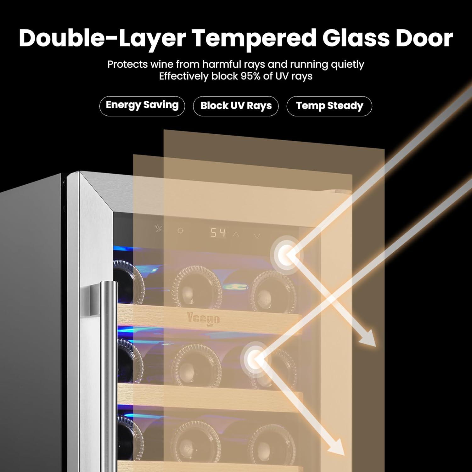 Yeego 15" Wine Cooler Refrigerator,33 Bottle Single Zone Wine Fridge with Stainless Steel Tempered Glass Door,Freestanding and Built-in