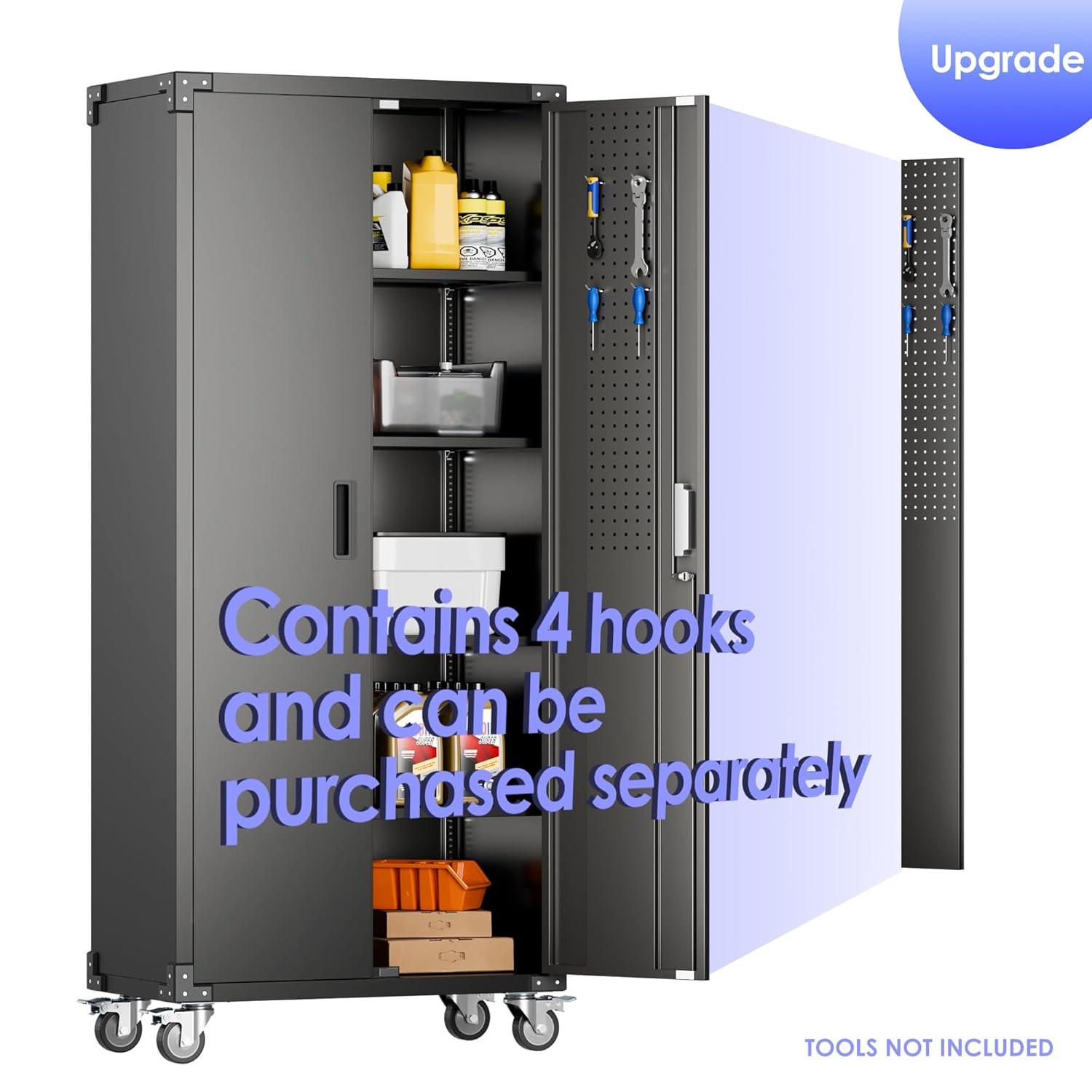 AOBABO 72 Inch Locking Metal Garage Storage Cabinet with Universal Rubber Wheels with Lockable Casters, Pegboards, and Magnetic Doors, Black
