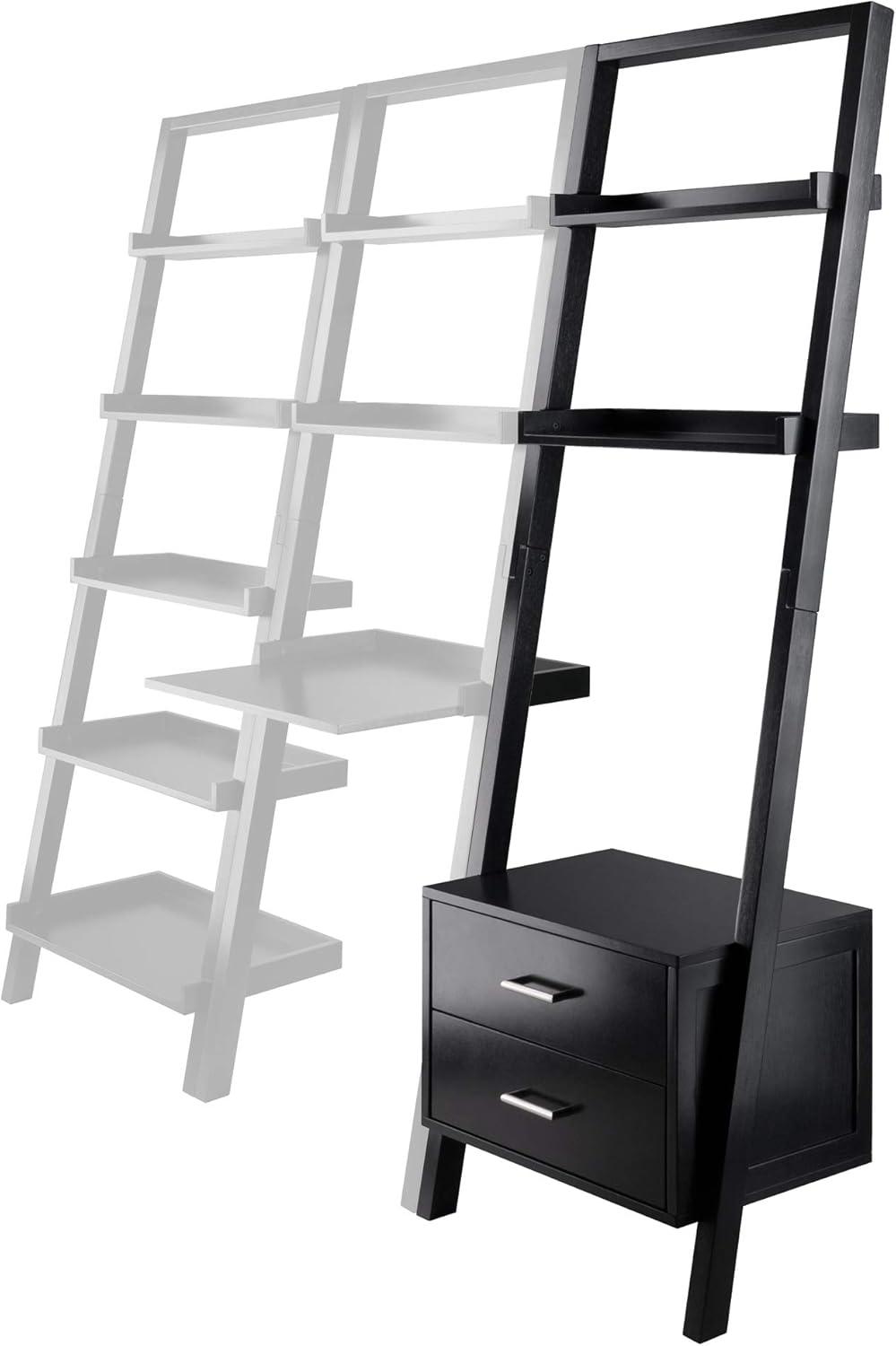 Bellamy Sleek Black Wood Leaning Ladder Bookcase with Storage