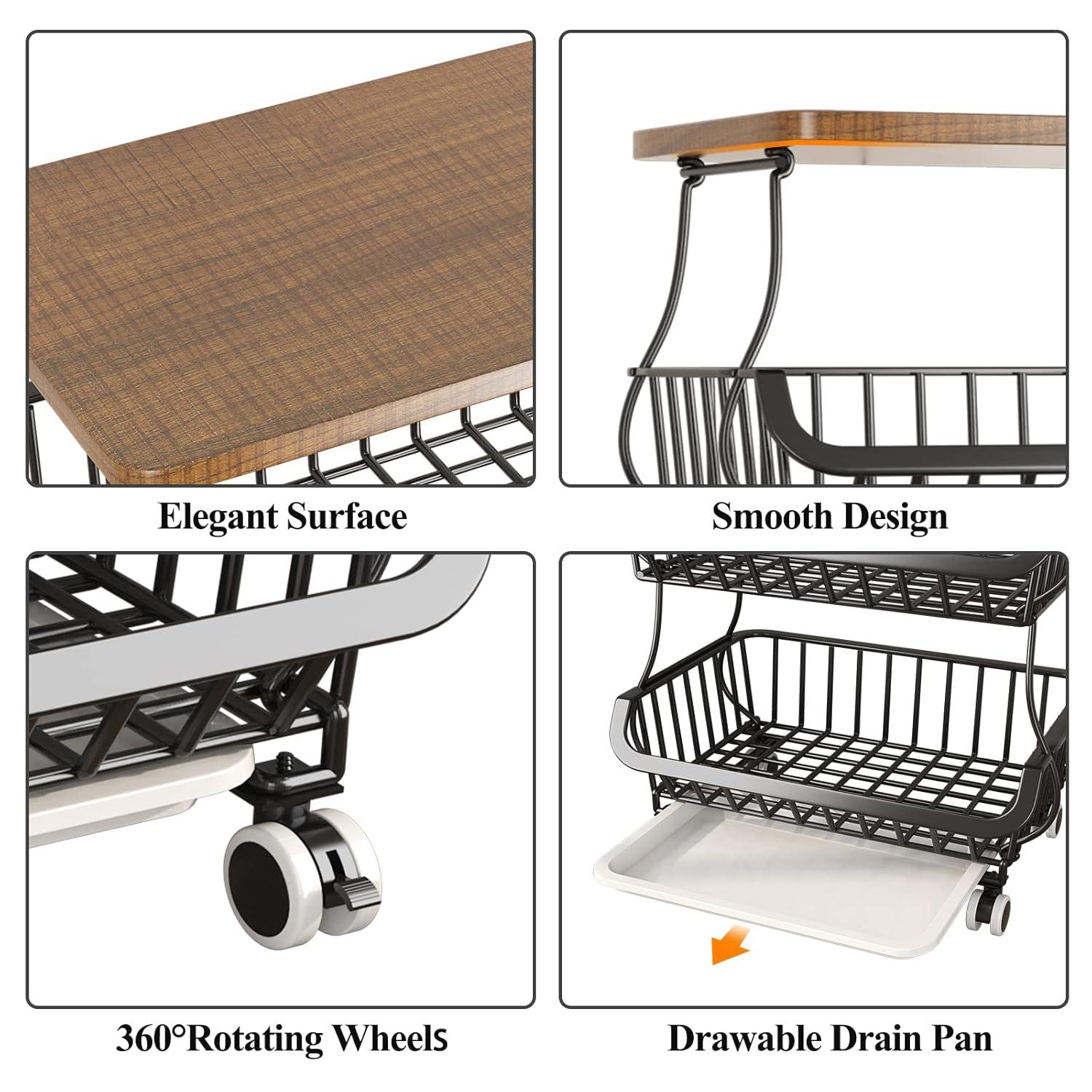 Wisdom Star 6 Tier Fruit Vegetable Basket for Kitchen with Wooden Tabletop, Storage Cart Vegetable Basket Bins for Onions and Potatoes, Wire Storage Basket Organizer Utility Cart with Wheels, Black