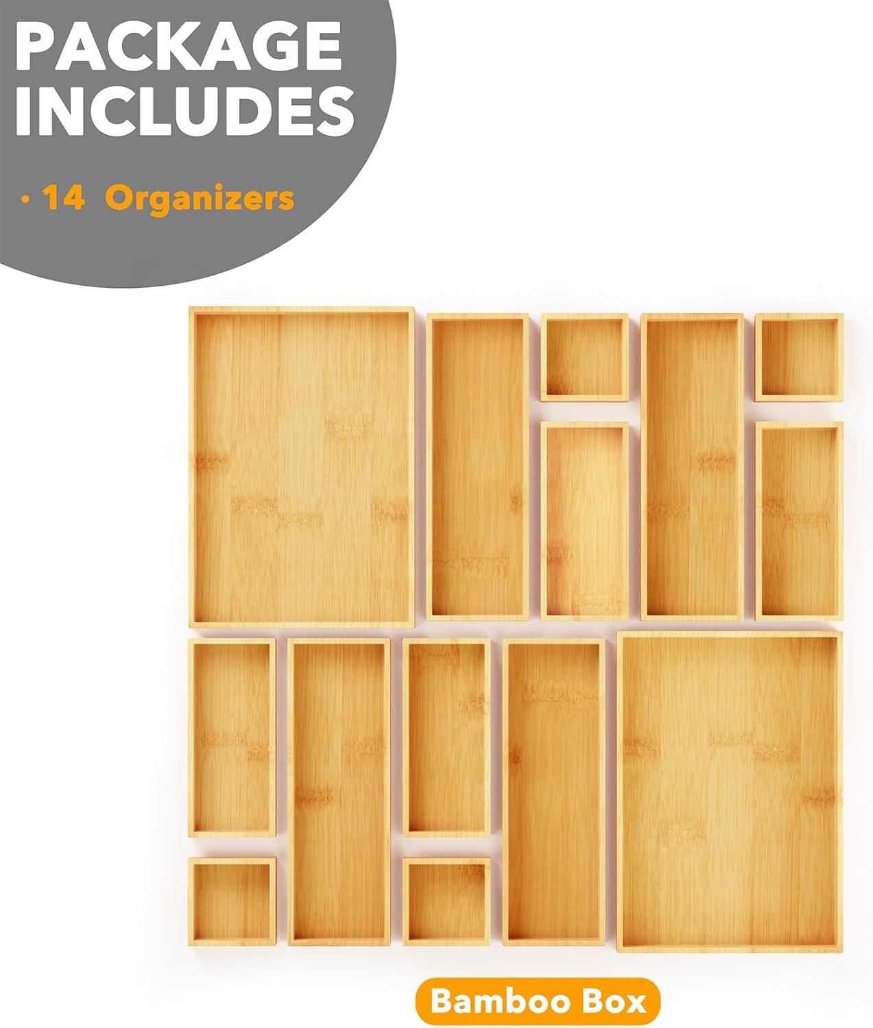 SpaceAid 14-Piece Bamboo Drawer Organizer Set, Multi-Use Wood Tray Dividers For Kitchen, Bathroom, Office Desk, And Makeup Storage (Natural)