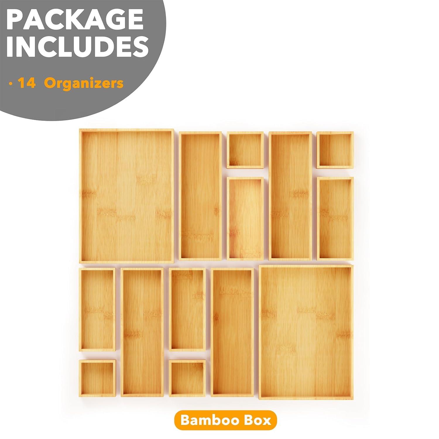 SpaceAid 14-Piece Bamboo Drawer Organizer Set, Multi-Use Wood Tray Dividers For Kitchen, Bathroom, Office Desk, And Makeup Storage (Natural)