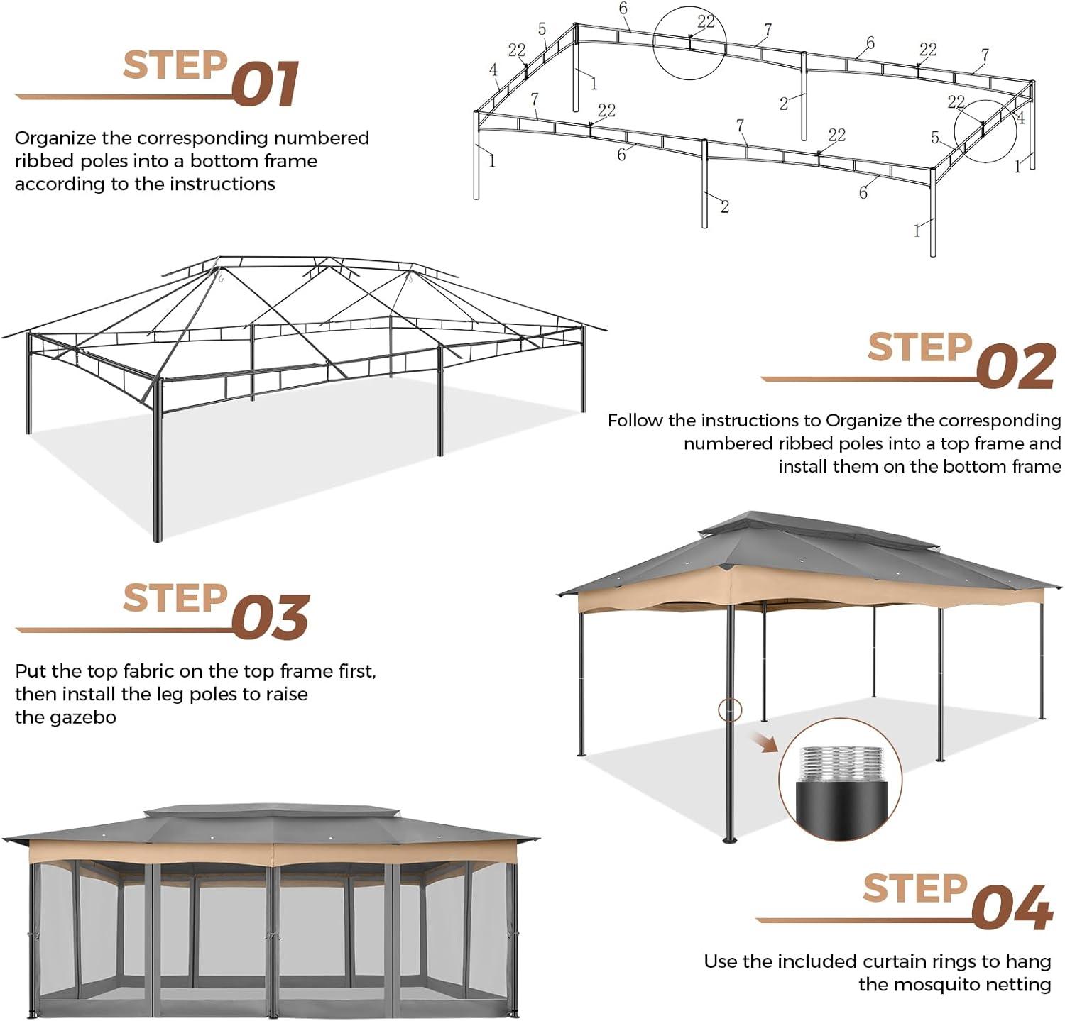 Hoteel 12X20 Heavy Duty Outdoor Patio Gazebo with Mosquito Netting and Curtains, Canopy Tent Deck Gazebo with Double Roofs and Metal Steel Frame for Party, Backyard, Deck, Garden, Gray