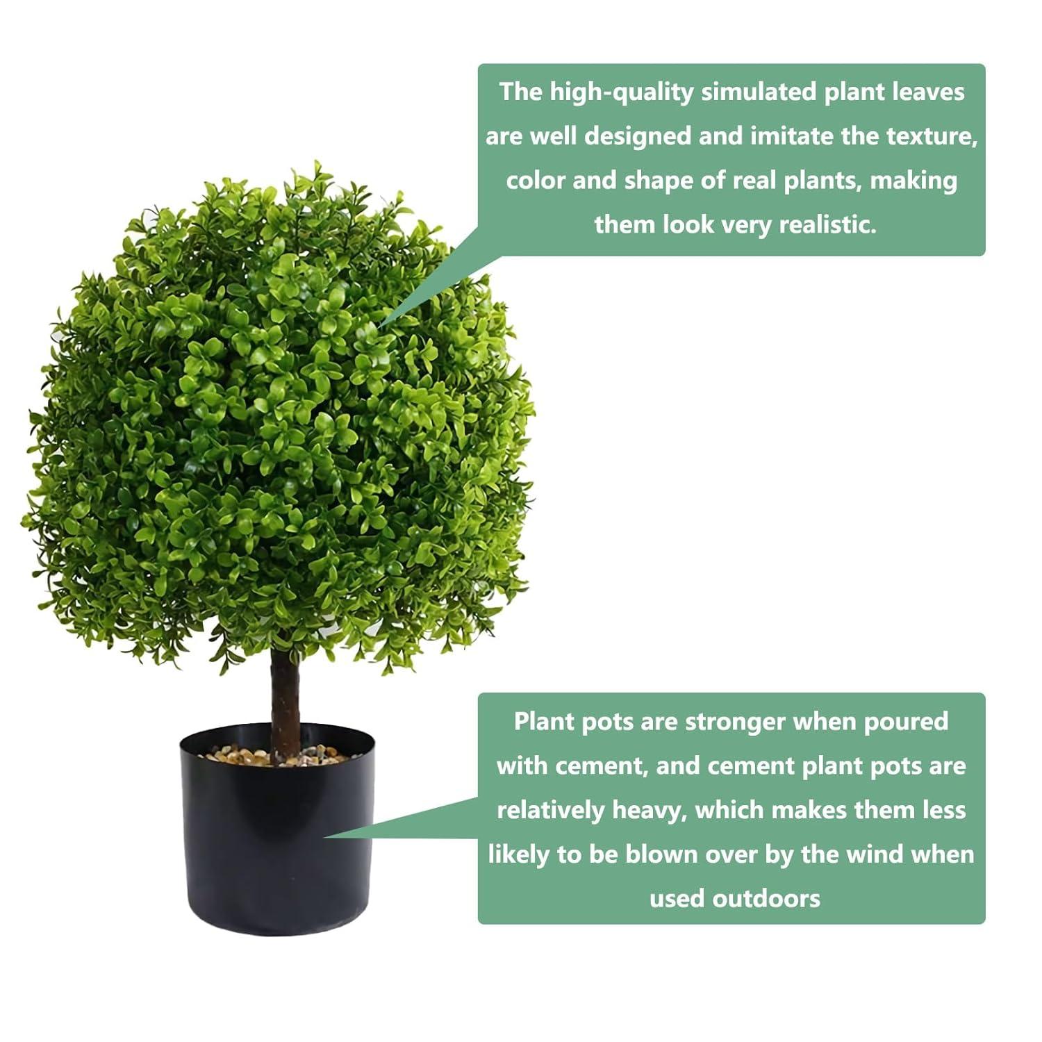 22’’ Faux Boxwood Topiary Ball Tree Set of 2, Artificial Plants Outdoor Weather Resistant, Cement-Filled Potted Bushes, Evergreen Topiary Trees Artificial for Porch Decoration Indoor Outdoor
