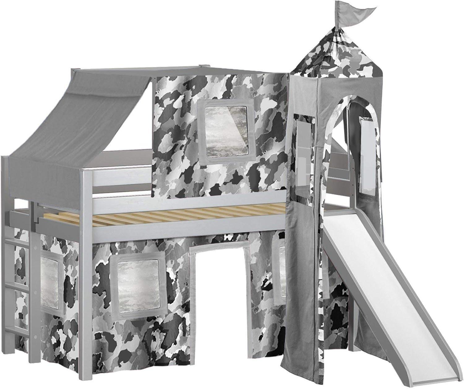 Jackpot Castle Low Loft Bed with Slide Gray Camo Tent and Tower, Twin, Gray