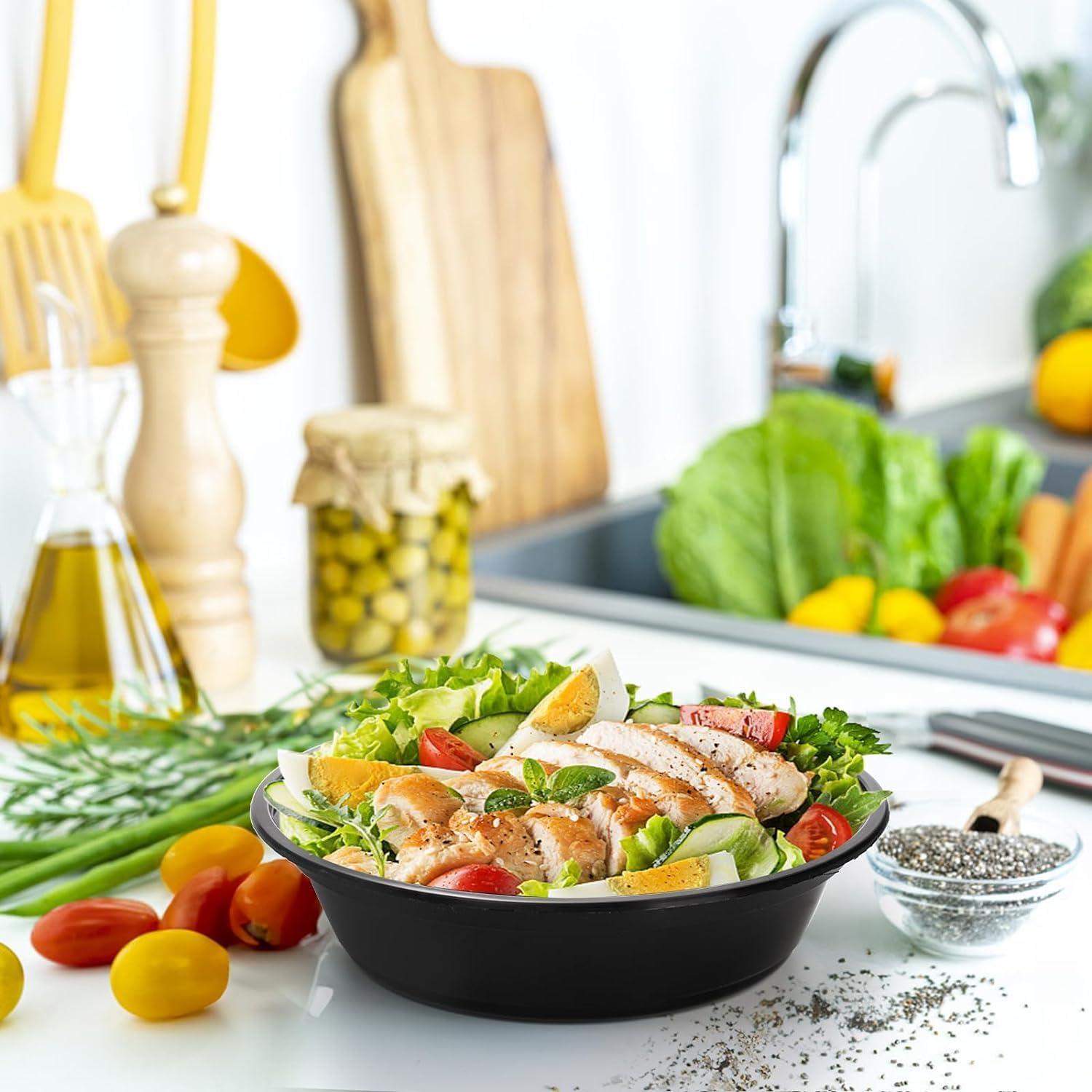 Diska NuLife 48oz Round Food Container 50 Pcs | Black PP Polypropylene Containers With Lids For Storage | Microwave & Freezer Safe | Eco-Friendly, BPA-Free