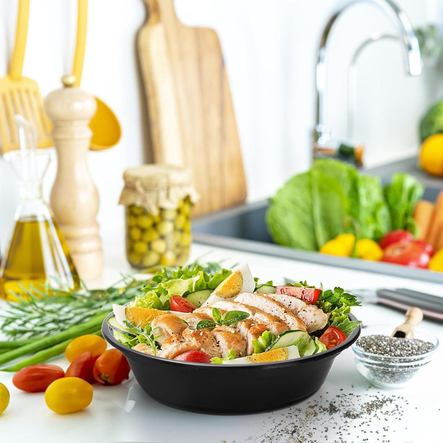 Diska NuLife 48oz Round Food Container 50 Pcs | Black PP Polypropylene Containers With Lids For Storage | Microwave & Freezer Safe | Eco-Friendly, BPA-Free