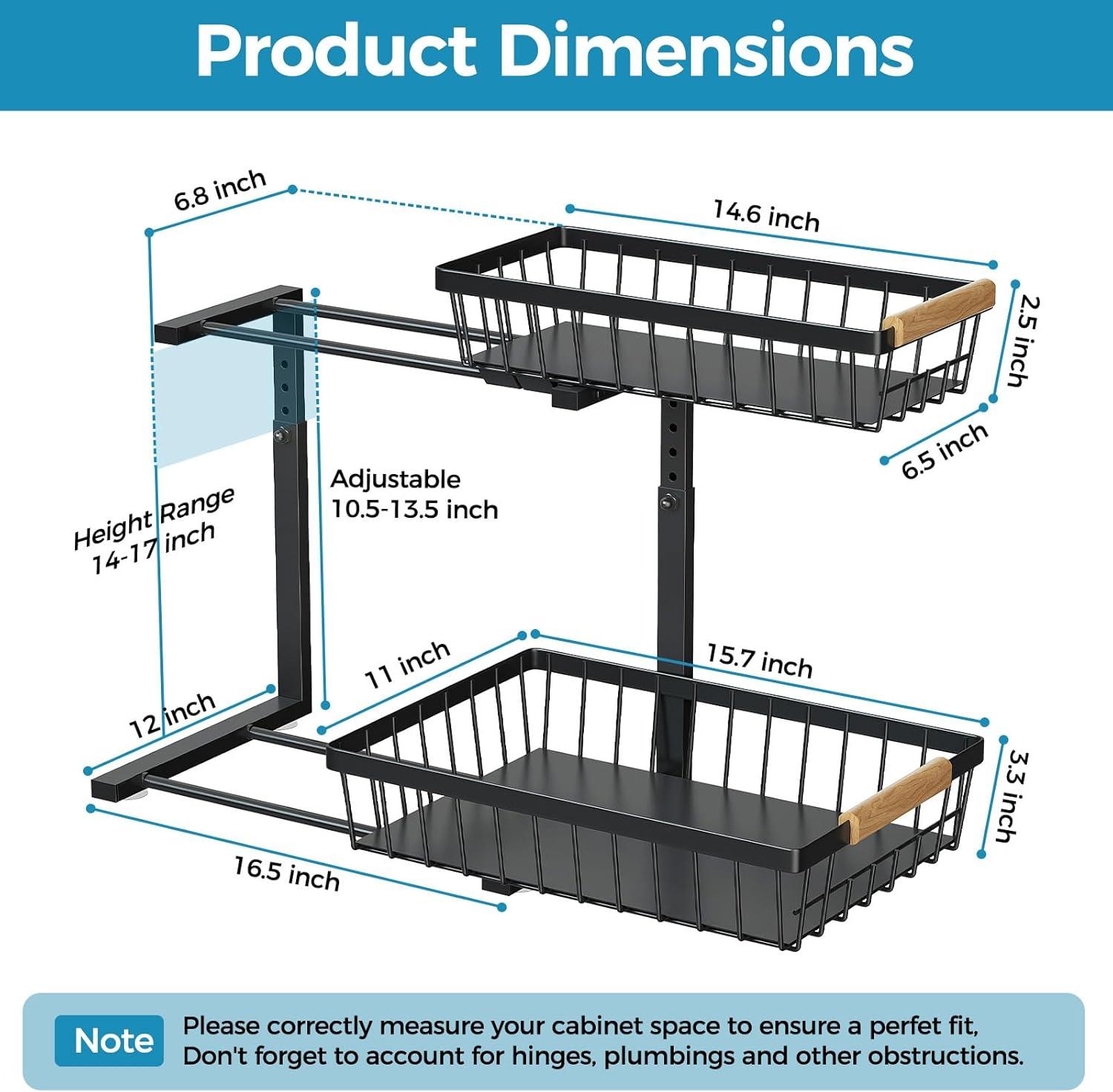 DELAMU 2 Pack Under Sink Organizers and Storage, Pull Out Trash Can Under Cabinet, 2 Tier Bin Organizer with Hooks and Haning Cups, Multi-Purpose Sliding Under Cabinet Organizer