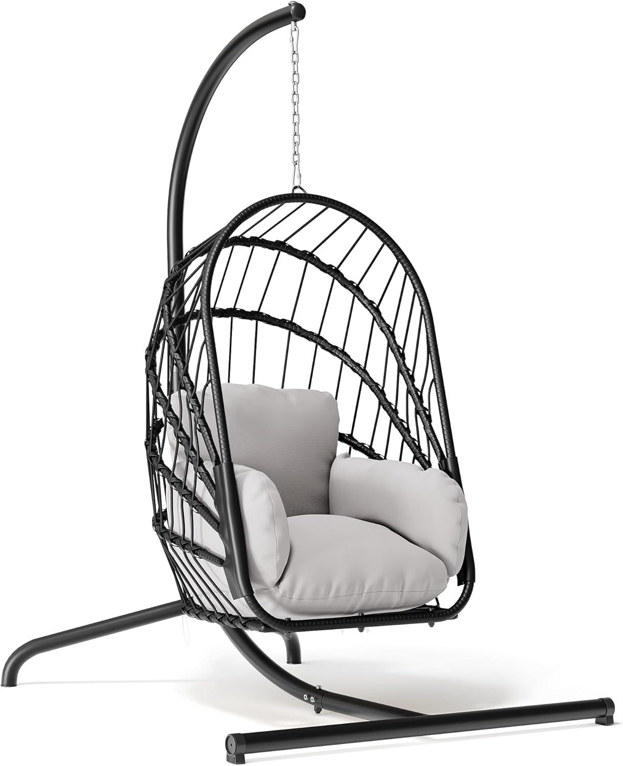 YITAHOME Hanging Egg Chair with Stand, Rattan Wicker Swing Egg Chair with Resistant Cushion, 370lbs Capacity, Foldable Hanging Basket Chair for Porch, Garden, Bedroom, Balcony - Grey