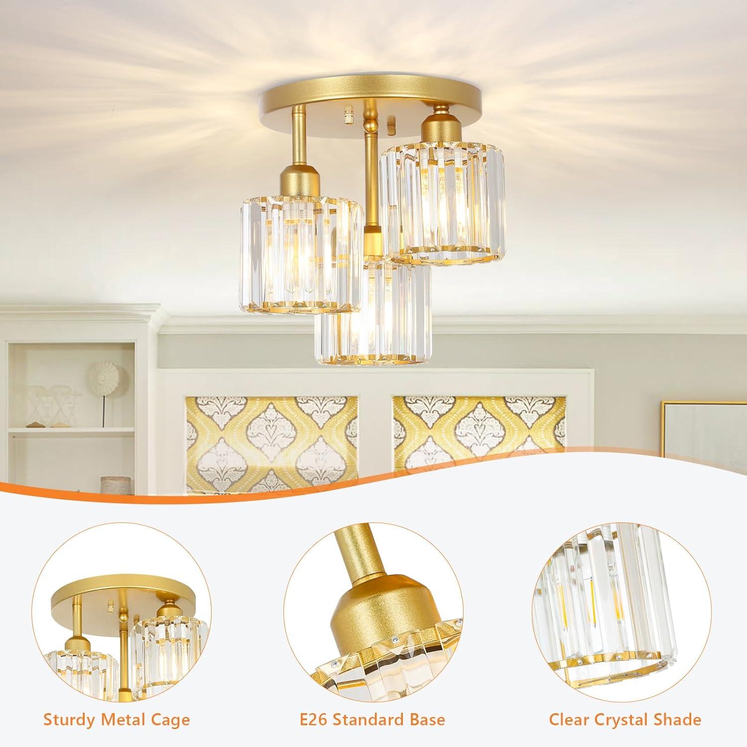 Modern Semi Flush Mount Ceiling Light,3-Light Golden Crystal Close to Ceiling Light Fixtures,Kitchen Light Fixtures with Clear Crystal Shade,Hallway Light Fixtures for Hallway Bedroom Bathroom