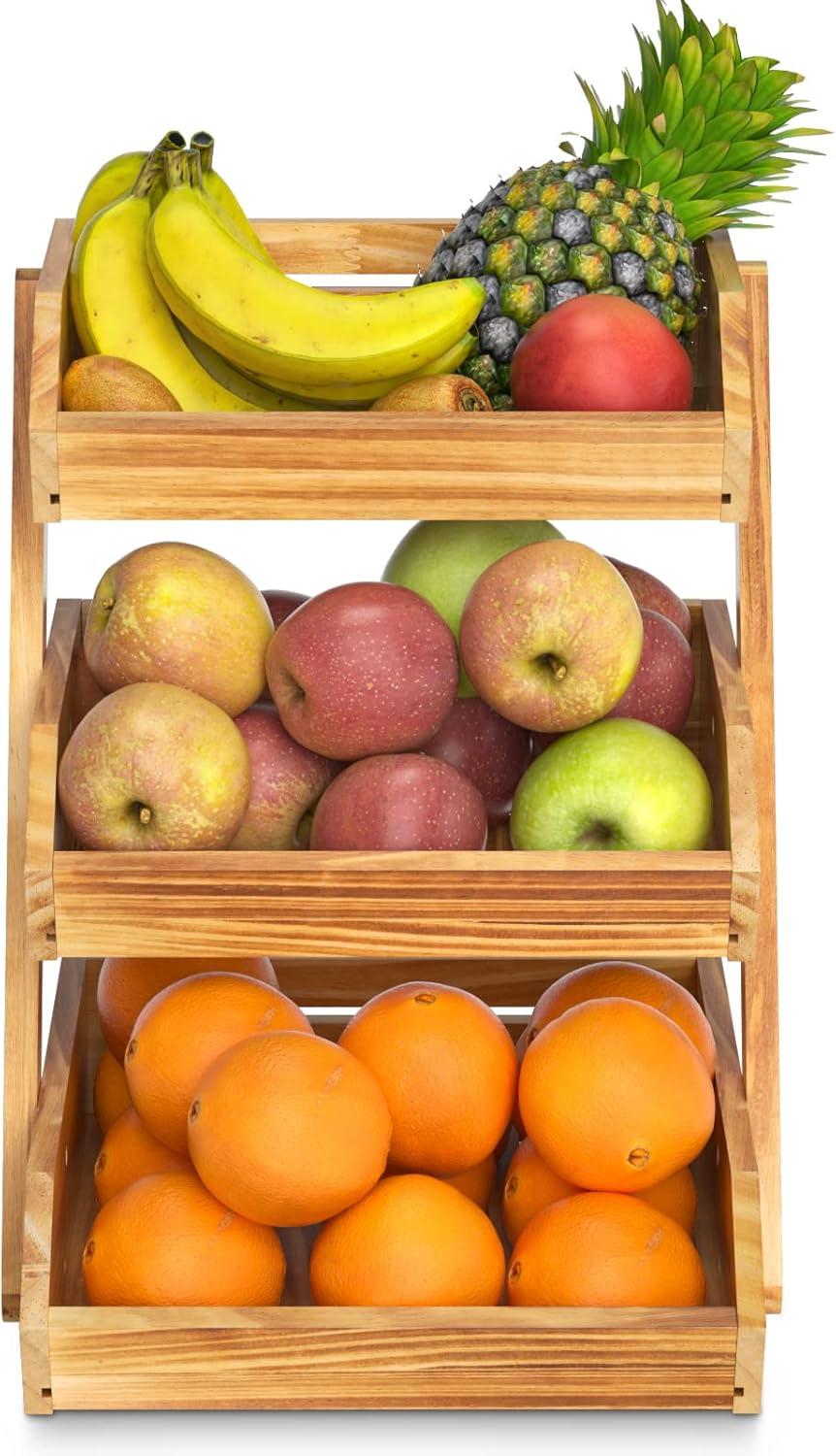 3 Tier Wooden Fruit Basket For Kitchen, Bread Vegetable Fruit Basket Bowl Stand, Farmhouse Fruit Bowl for Countertop, Large