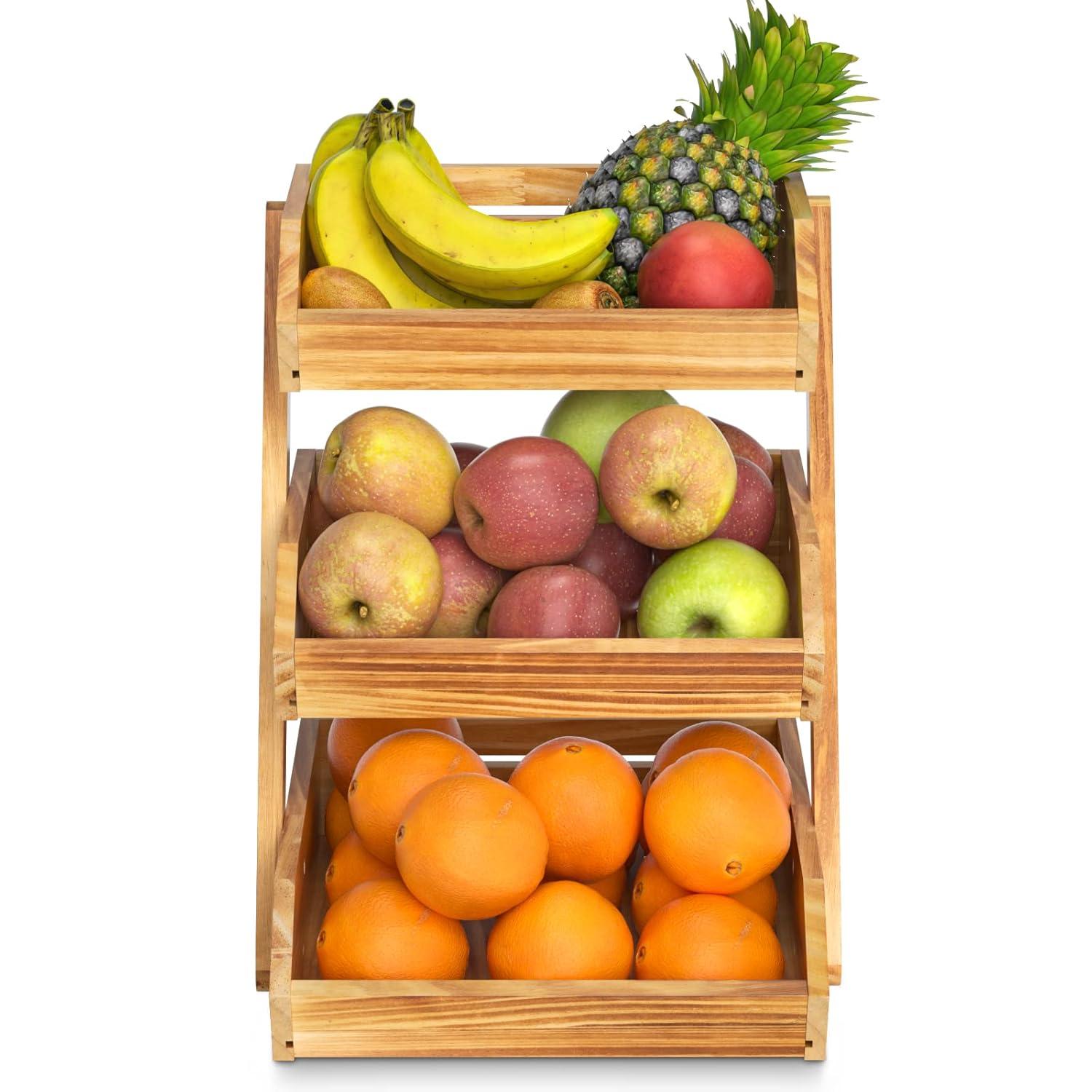 3 Tier Wooden Fruit Basket For Kitchen, Bread Vegetable Fruit Basket Bowl Stand, Farmhouse Fruit Bowl for Countertop, Large