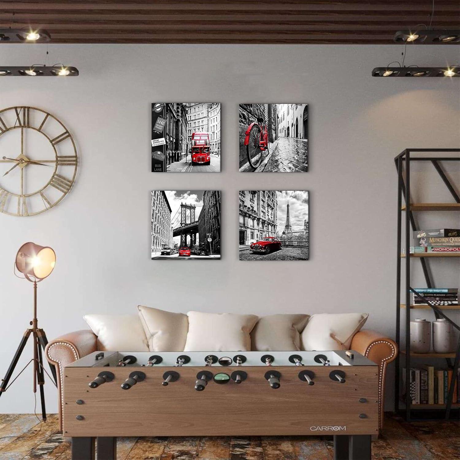 Black and White Wall Decor City Framed Canvas Wall Art for Living Room Red New York London Italy Paris Pictures Cityscape Modern Artworks Bedroom Bathroom Office Kitchen Home Decorations 16×16" 4 Pcs