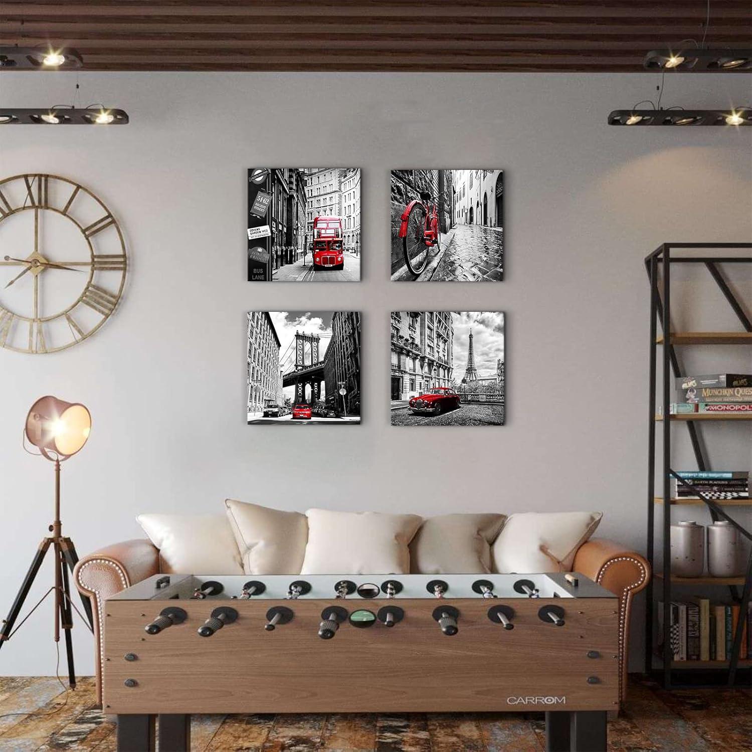 Black and White Wall Art Cityscape Pictures Modern Framed Wall Decor for Bedroom Bathroom Red City New York London Italy Paris Canvas Artworks Living Room Office Kitchen Home Decorations 16×16" 4 Pcs