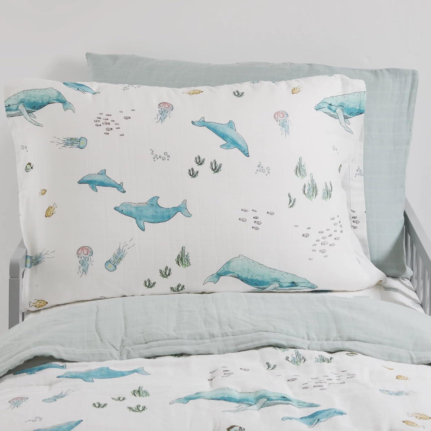 Whale Print Cotton Muslin Pillowcases for Kids, 19” x 27”