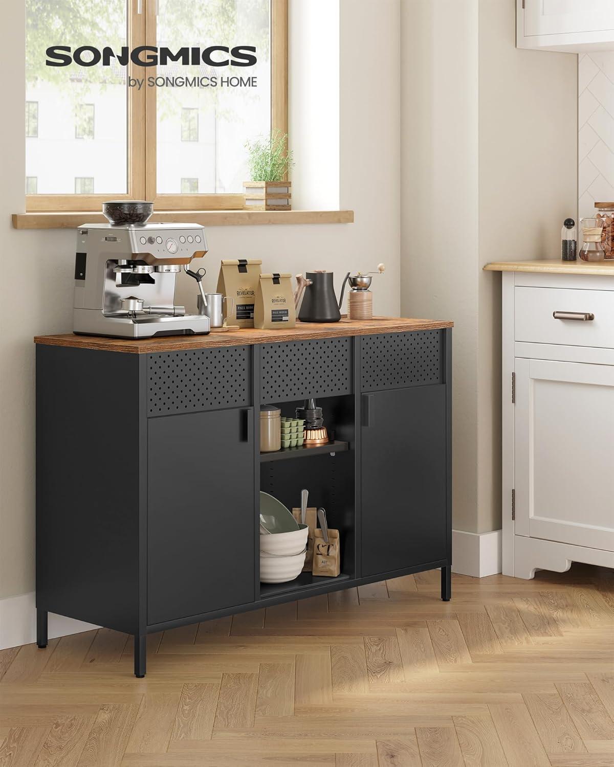 Rustic Brown and Matte Black Metal Storage Cabinet with Adjustable Shelves