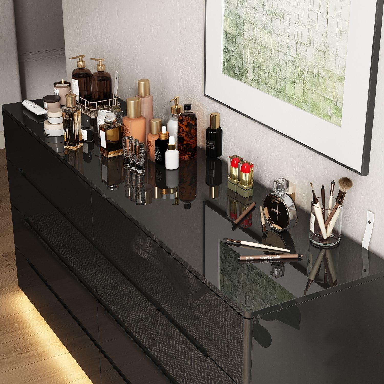 Black 8-Drawer 63 in. W Wood Double Dresser Chest of Drawers Bedroom Storage Organizer in With High Gloss and LED Lights