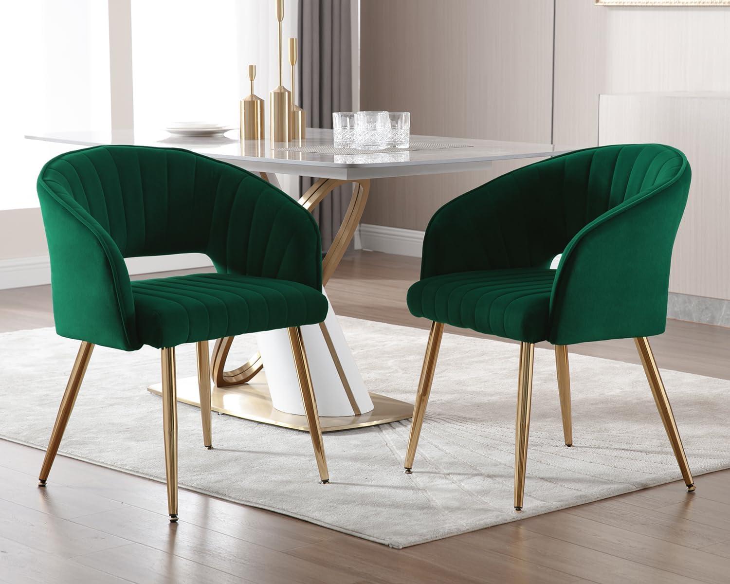 Green Velvet Upholstered Side Chair with Gold Legs, Set of 4