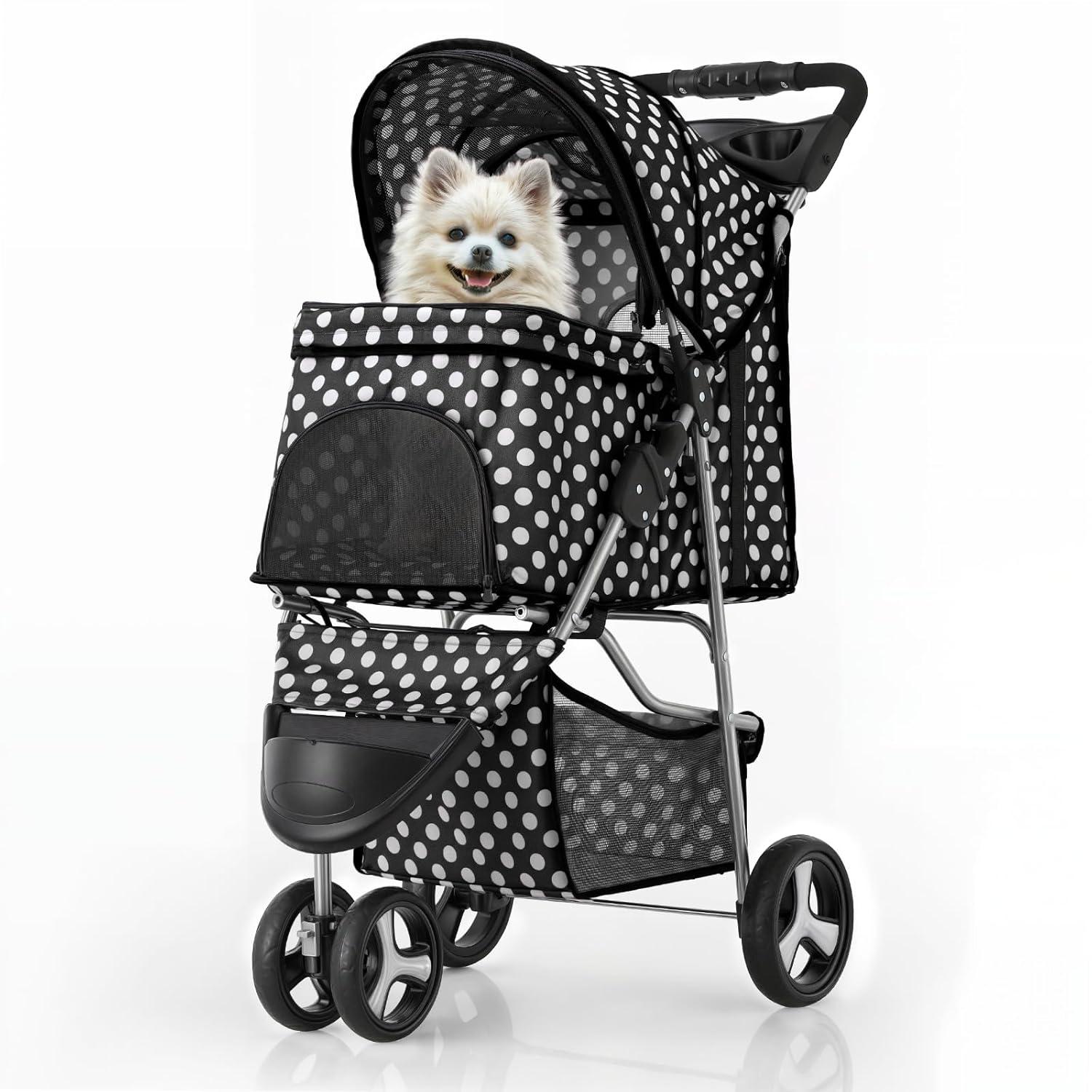 Magshion Foldable Pet Dog and Cat Stroller with Adjustable Canopy Storage Basket and Cup Holder for Small and Medium Pets