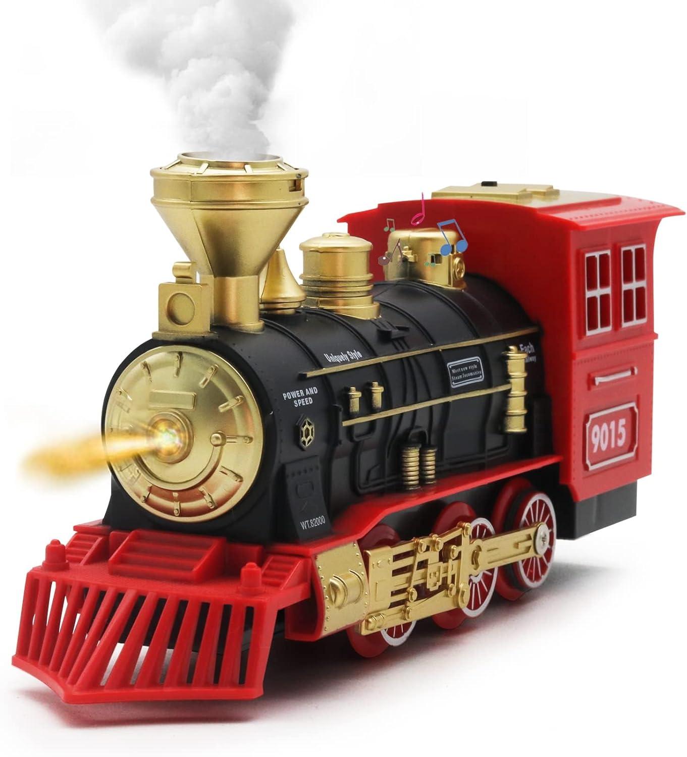 Red and Black Steam Locomotive Toy with Smoke and Lights