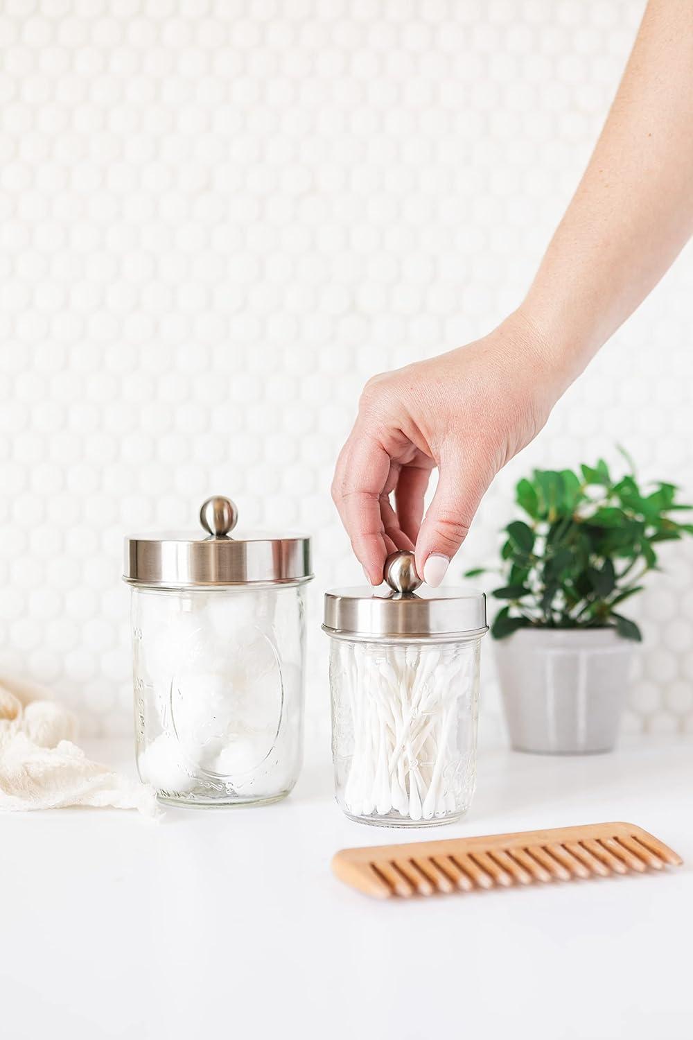 Mason Jar Bathroom Gift Set (4 pcs) - Lotion/Soap Dispenser, Toothbrush Holder, Q-Tip Storage Jars - Farmhouse Home Decor for Vanity Organization - Luxury Bathroom Accessories - Stainless Steel