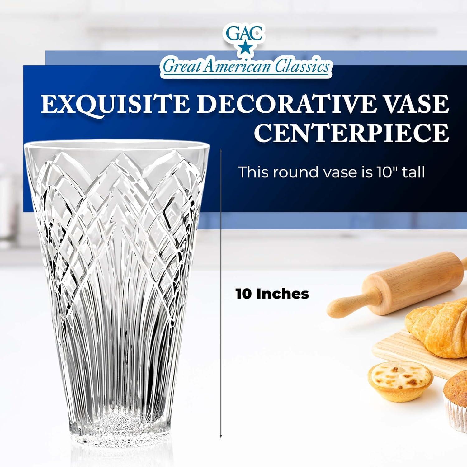 GAC Mouth-Blown Crystal Flower Vase - 10" Elegant Decorative Centerpiece for Table, Dining, Home Decor, & Weddings. Ideal for Floral Arrangements, Modern Crystal Design, Glass Vase for Living Room