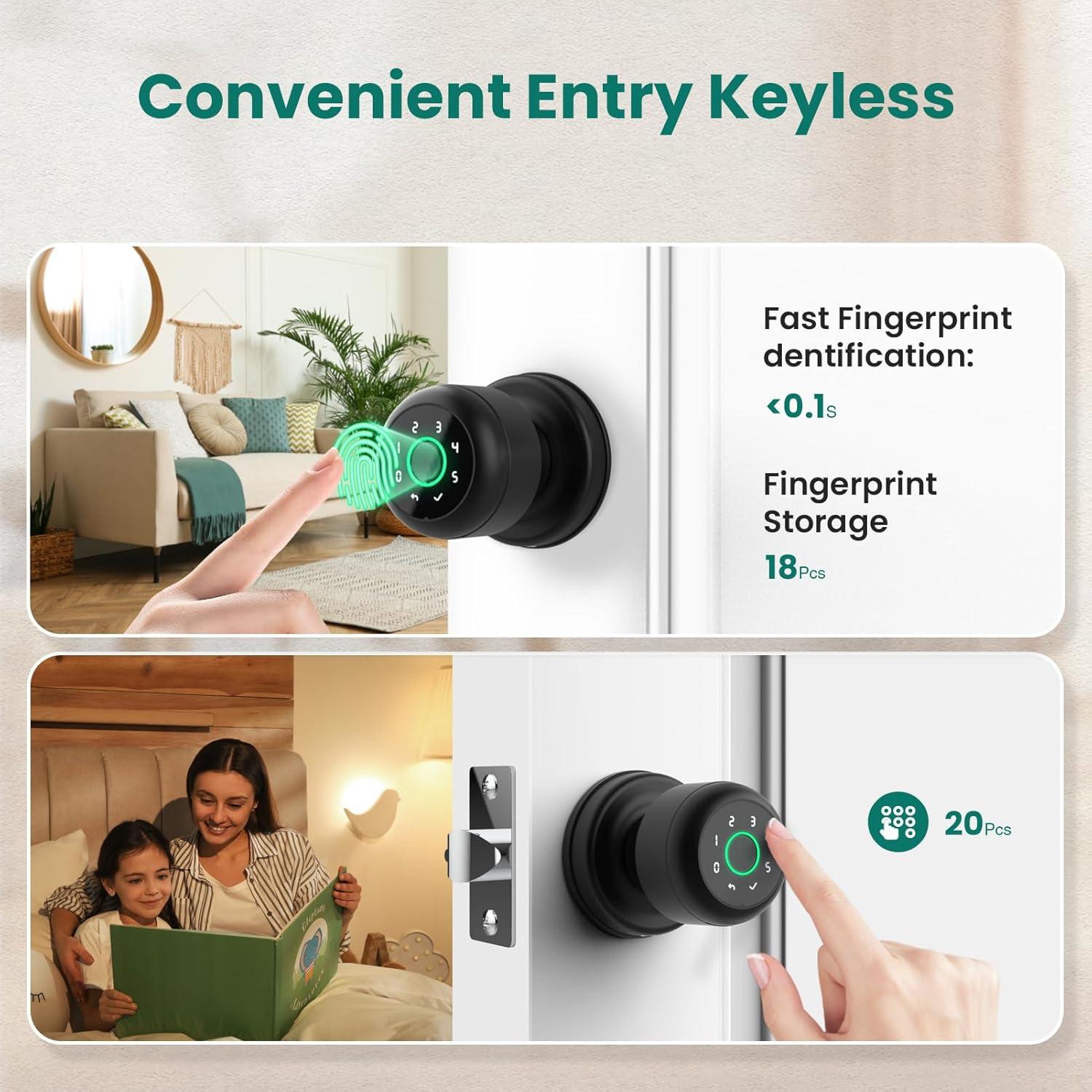GHome 4 in 1 Smart Fingerprint Door Knob with Keypad Door Lock, Biometric Smart Door Knobs & App Control, Keyless Entry Door Lock Great for Home, Bedroom, Apartment Offices, Garages