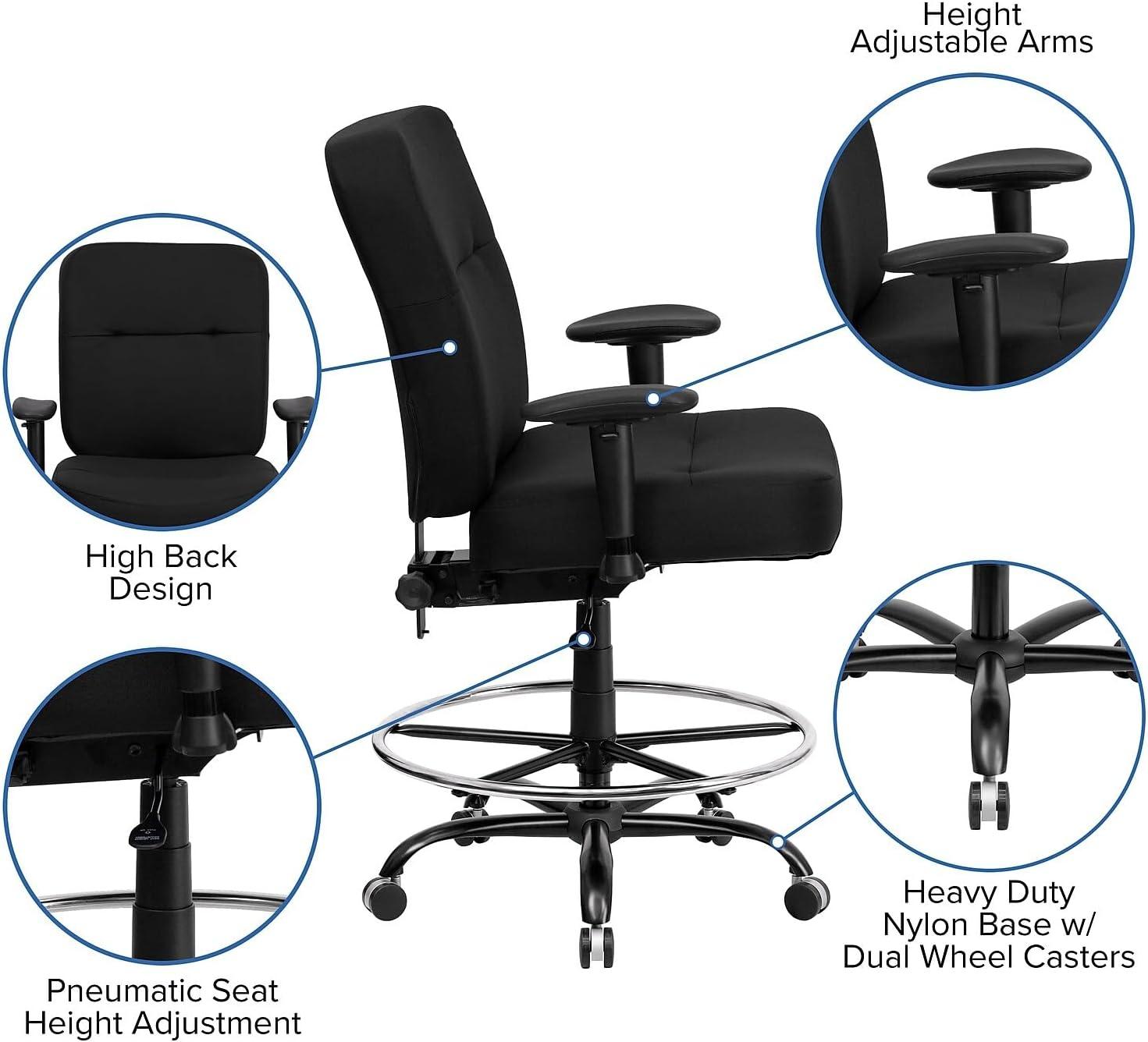 BizChair Big & Tall 400 lb. Rated Black LeatherSoft Ergonomic Drafting Chair with Adjustable Arms