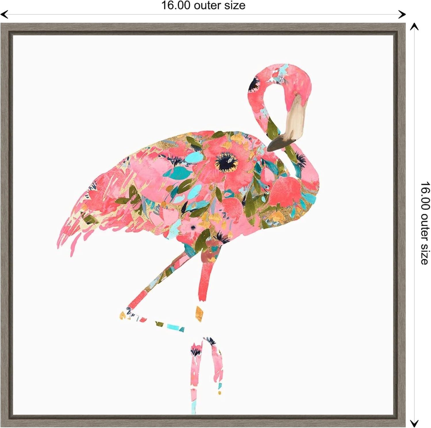 Summer Glow Pink Flamingo Floral Canvas Framed Wall Art 16x16