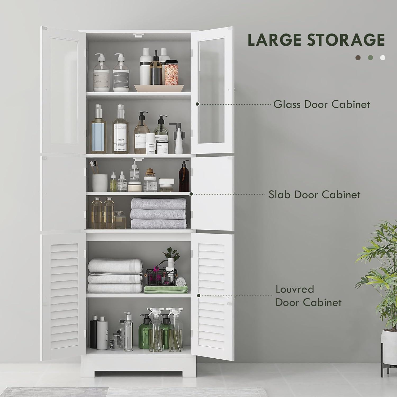 HOMCOM 67" Bathroom Cabinet with Glass/Louvred Doors, Tall Bathroom Storage Cabinet with Adjustable Shelf, White