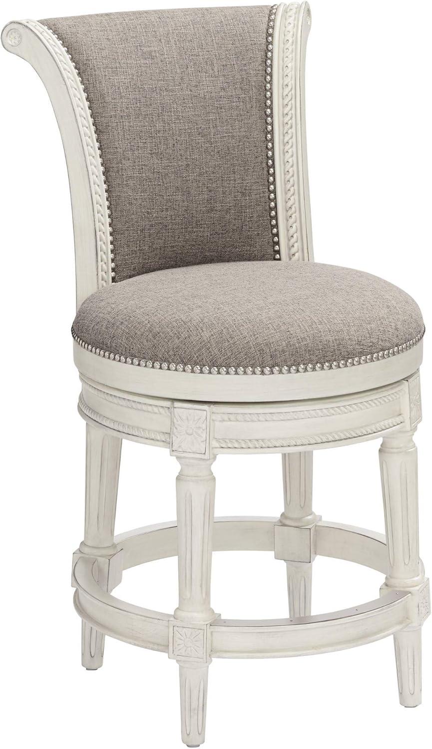 55 Downing Street Oliver Wood Swivel Bar Stool White 24 1/2" High Traditional Scroll Pewter Round Cushion with Backrest Footrest for Kitchen Counter