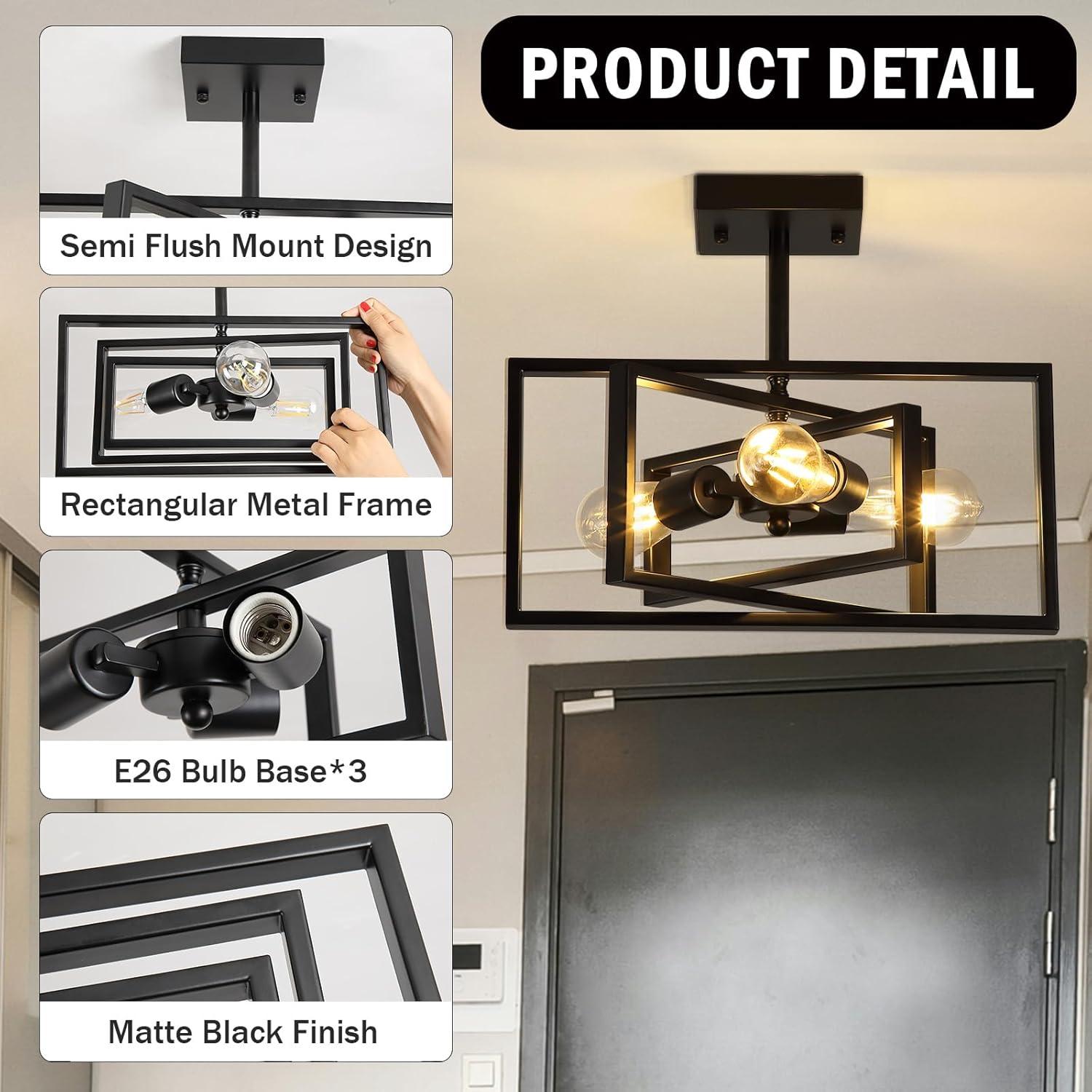 Black Semi Flush Mount Ceiling Light Fixture, 3-Light Modern Farmhouse Ceiling Light, Industrial Metal Chandelier Ceiling Lamp for Kitchen Entryway Bedroom Foyer Hallway, E26 Socket