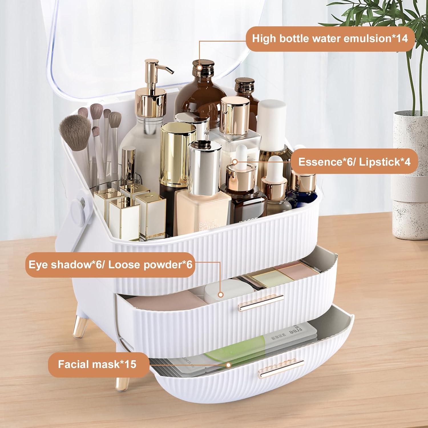 White ABS Makeup Organizer with Lid and Drawers
