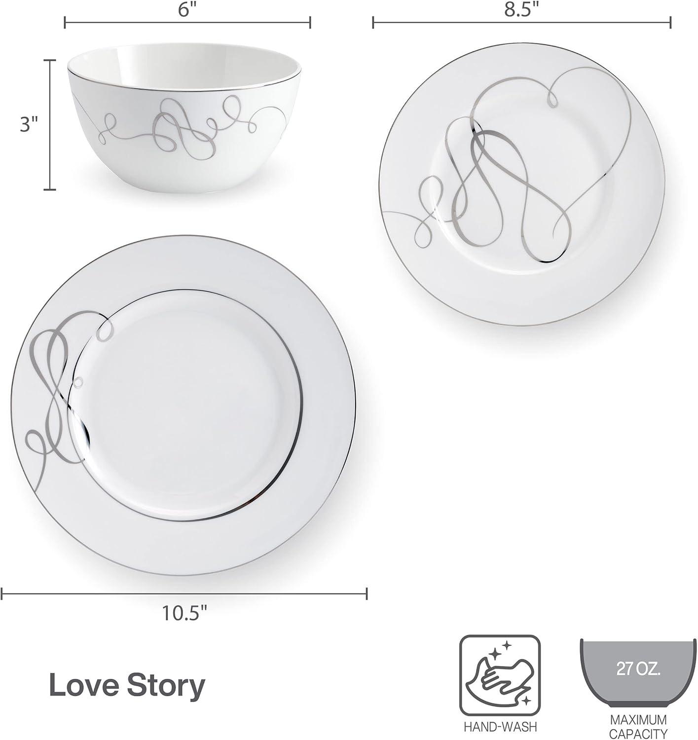 Love Story White Porcelain 24-Piece Dinnerware Set, Service for 8