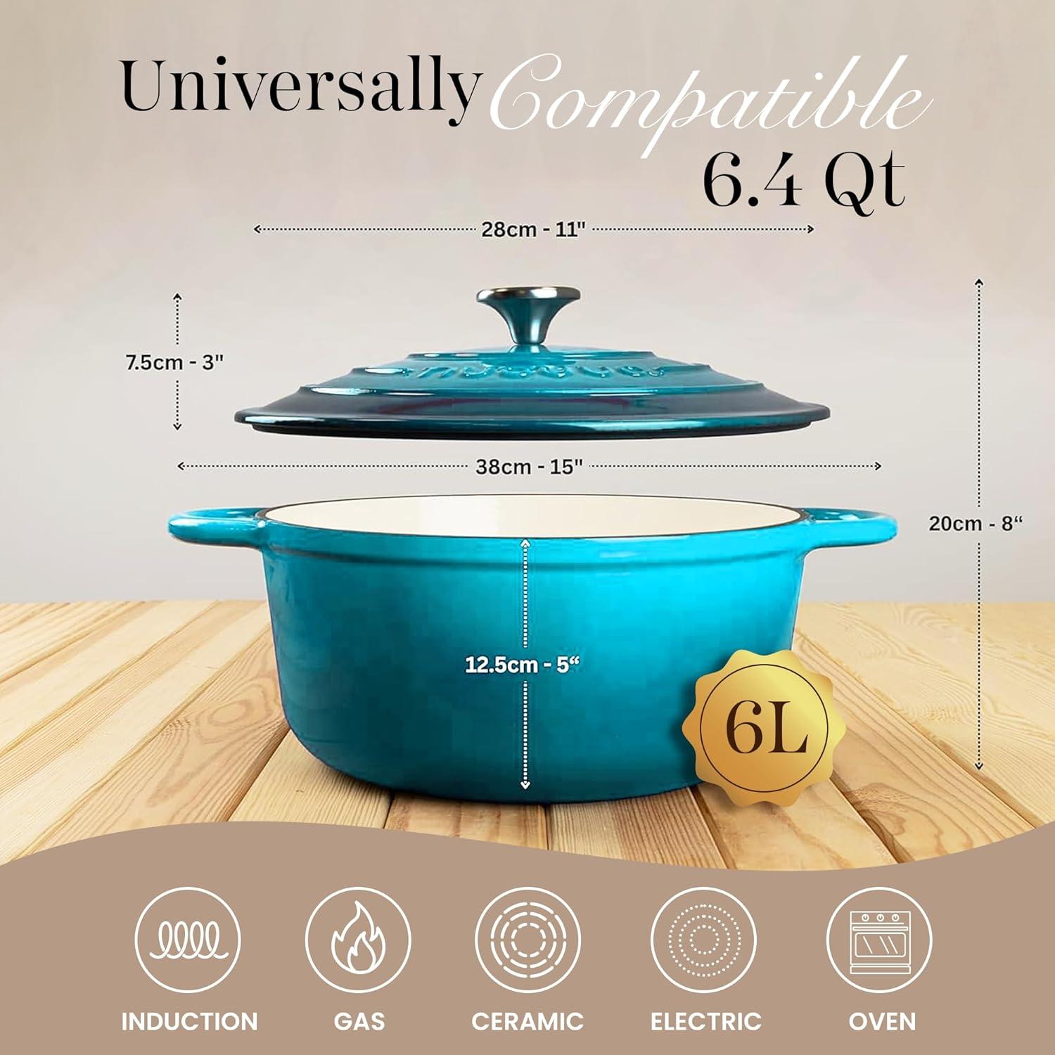 Nuovva Enamelled Cast Iron Dutch Oven Pot with Lid 6.4 Quart Non Stick Casserole Pot – Heavy Duty & Oven Safe up to 500° F for Bread Baking, Braising, Stews, Roasting – 28cm Light Blue