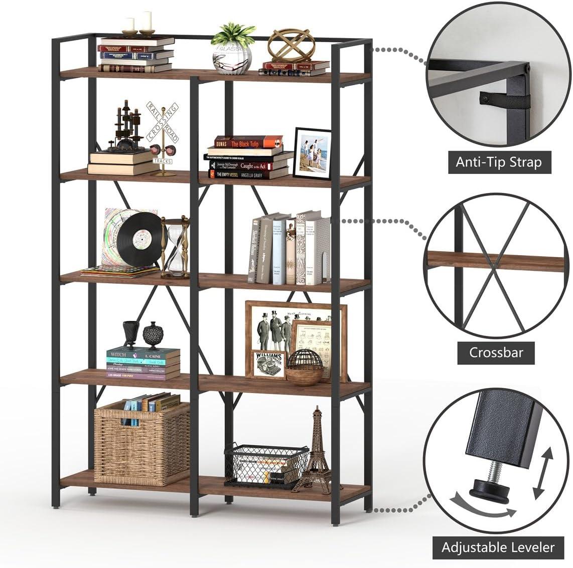 Rustic Oak and Black Metal 5-Tier Industrial Bookshelf